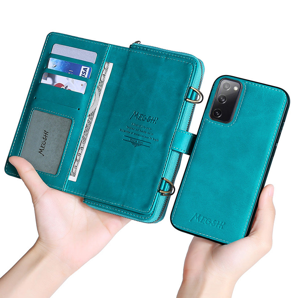 MEGSHI 020 Series Scratch-resistant Magnetic Detachable Design Shockproof PU Leather TPU Wallet Cover Shoulder Bag for Samsung Galaxy S20 FE 2022/S20 FE/S20 FE 5G/S20 Lite - Blue