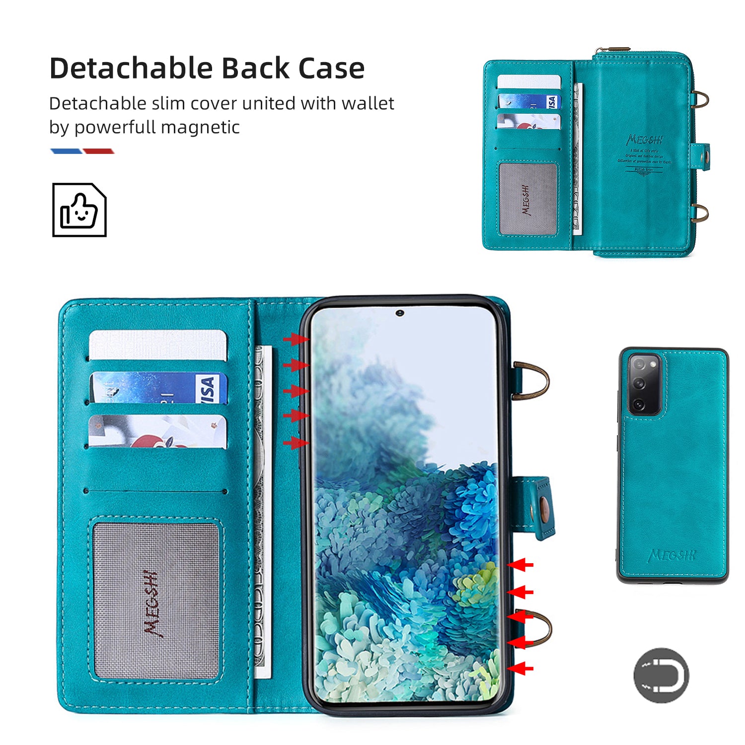 MEGSHI 020 Series Scratch-resistant Magnetic Detachable Design Shockproof PU Leather TPU Wallet Cover Shoulder Bag for Samsung Galaxy S20 FE 2022/S20 FE/S20 FE 5G/S20 Lite - Blue