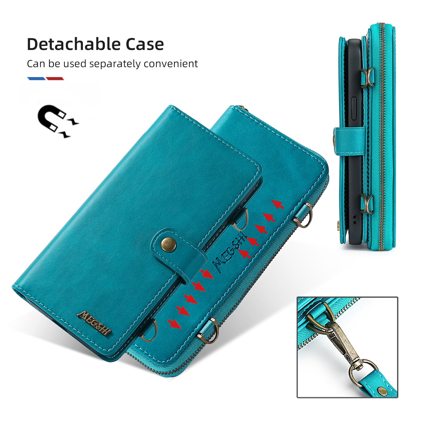 MEGSHI 020 Series Scratch-resistant Magnetic Detachable Design Shockproof PU Leather TPU Wallet Cover Shoulder Bag for Samsung Galaxy S20 FE 2022/S20 FE/S20 FE 5G/S20 Lite - Blue