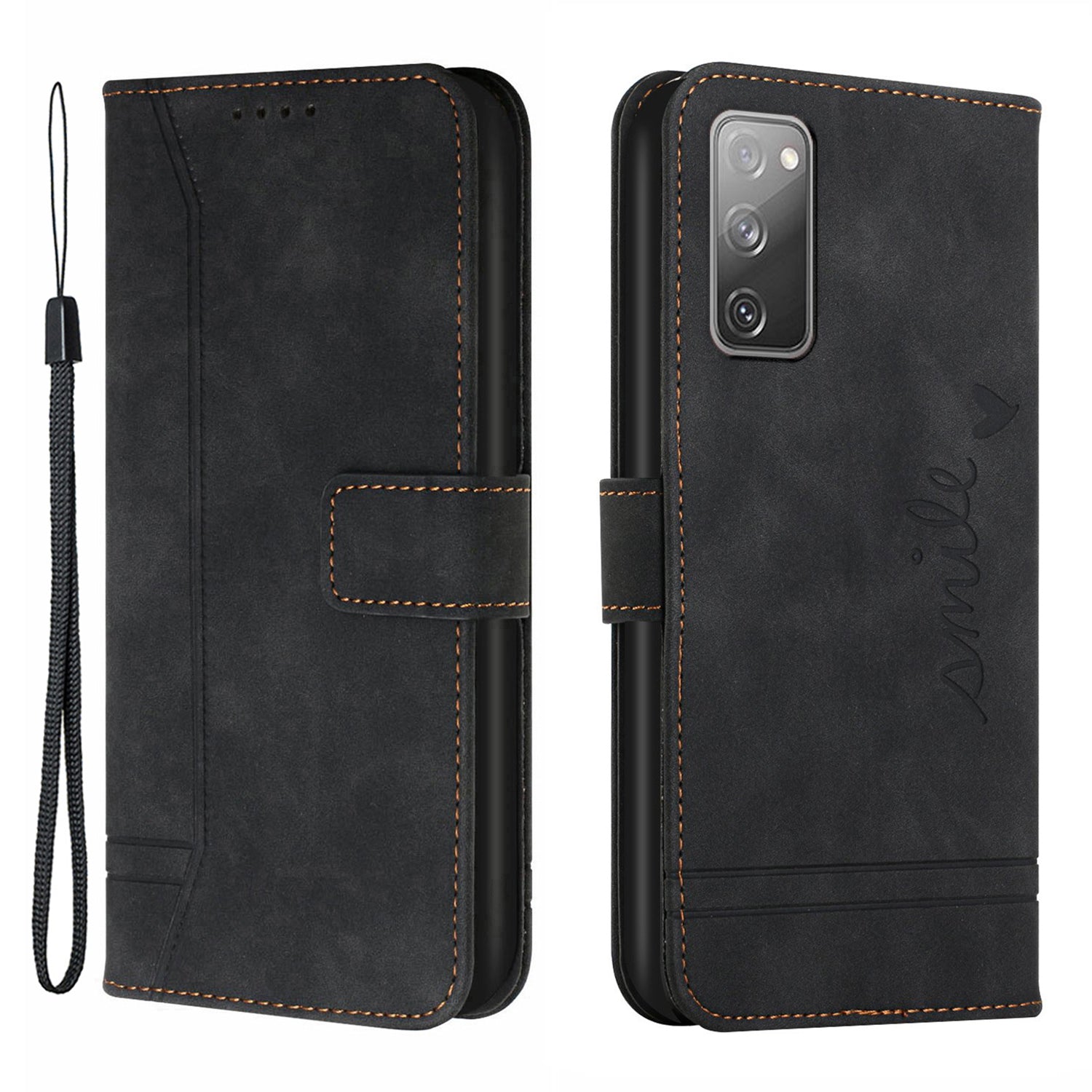 003 Series Imprinted Heart Shape Pattern Skin-touch PU Leather Stand Wallet Flip Cover with Strap for Samsung Galaxy S20 FE 2022/S20 FE/S20 FE 5G/S20 Lite - Black