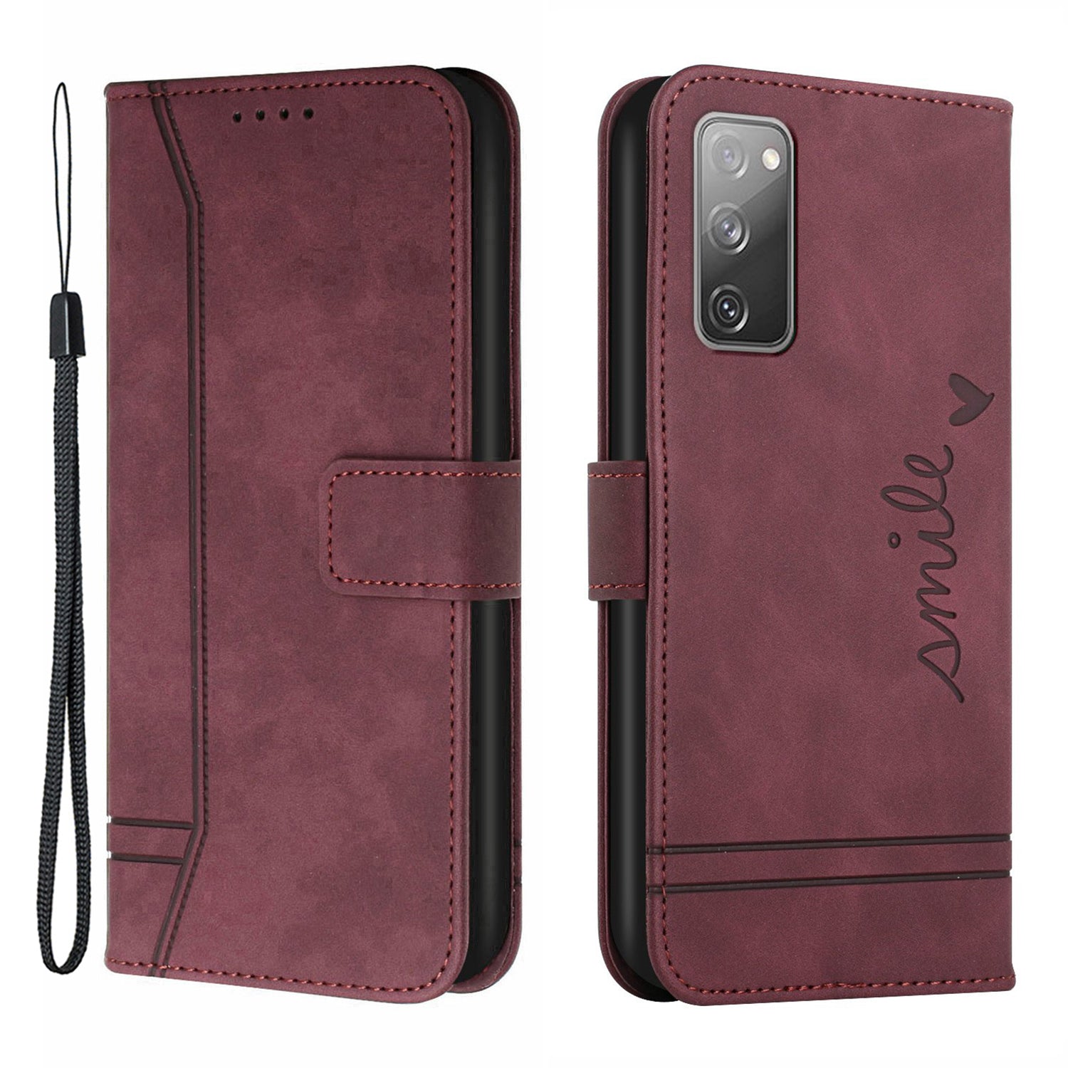 003 Series Imprinted Heart Shape Pattern Skin-touch PU Leather Stand Wallet Flip Cover with Strap for Samsung Galaxy S20 FE 2022/S20 FE/S20 FE 5G/S20 Lite - Wine Red