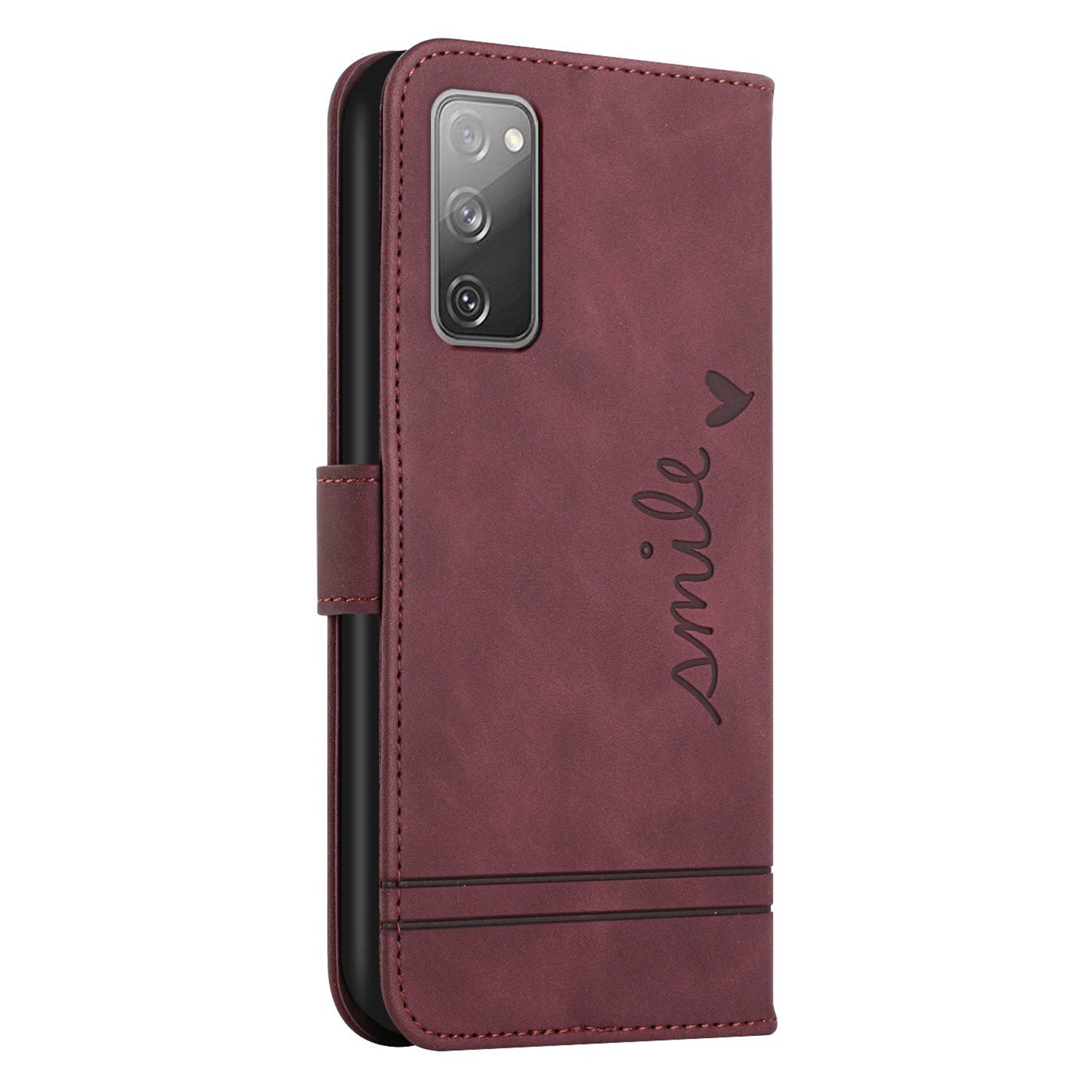 003 Series Imprinted Heart Shape Pattern Skin-touch PU Leather Stand Wallet Flip Cover with Strap for Samsung Galaxy S20 FE 2022/S20 FE/S20 FE 5G/S20 Lite - Wine Red