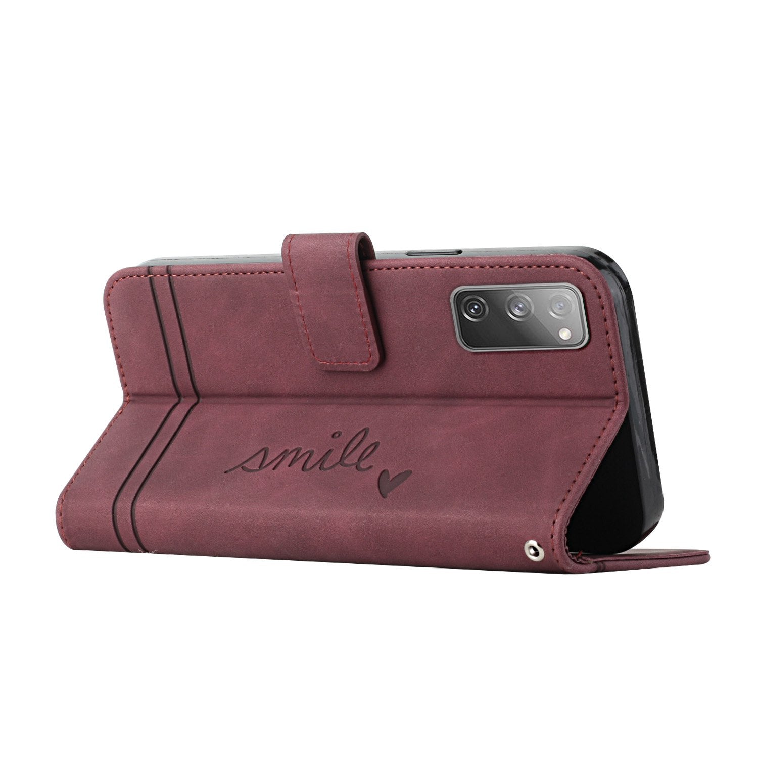 003 Series Imprinted Heart Shape Pattern Skin-touch PU Leather Stand Wallet Flip Cover with Strap for Samsung Galaxy S20 FE 2022/S20 FE/S20 FE 5G/S20 Lite - Wine Red