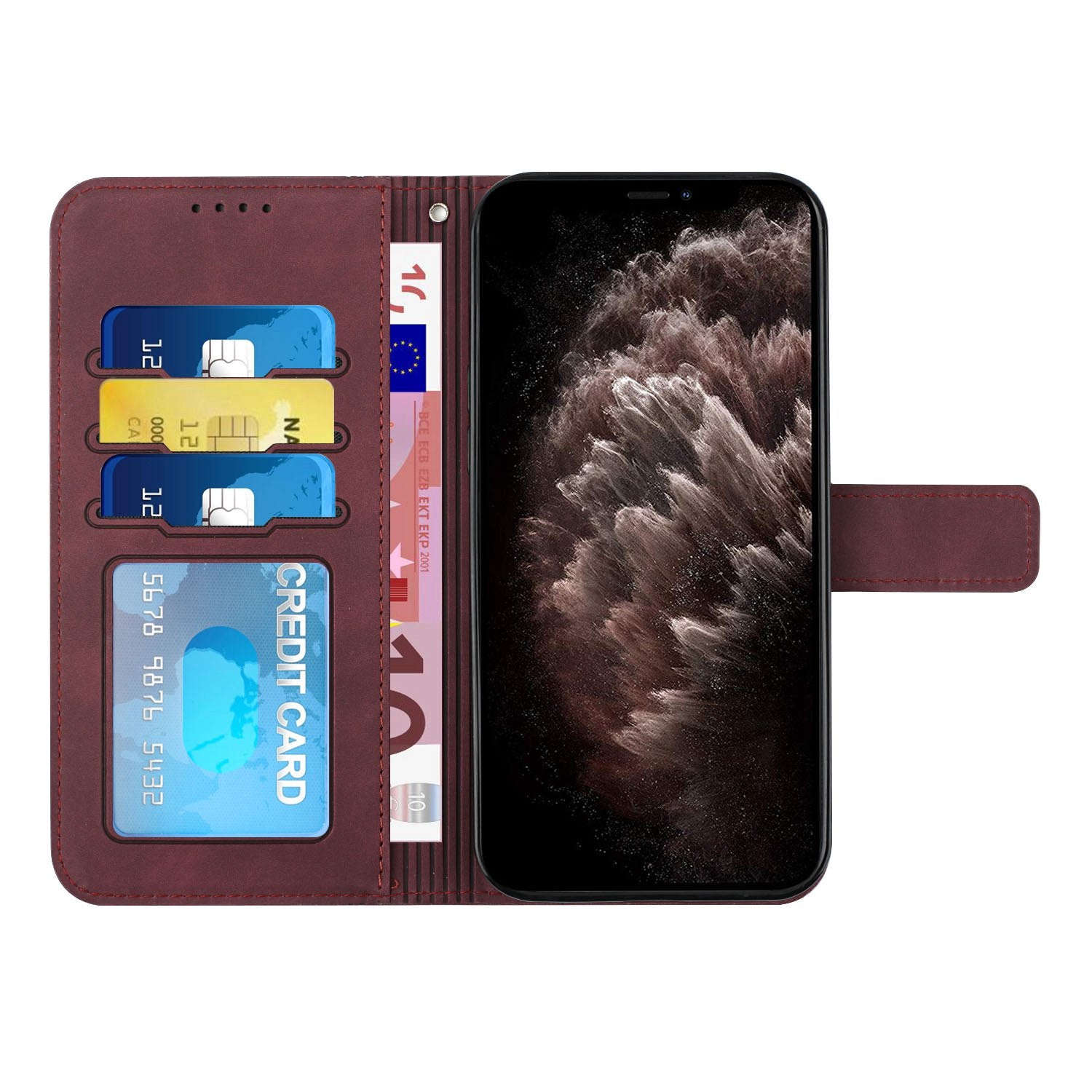 003 Series Imprinted Heart Shape Pattern Skin-touch PU Leather Stand Wallet Flip Cover with Strap for Samsung Galaxy S20 FE 2022/S20 FE/S20 FE 5G/S20 Lite - Wine Red