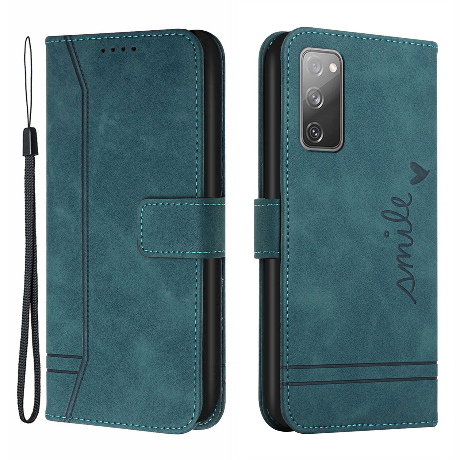 003 Series Imprinted Heart Shape Pattern Skin-touch PU Leather Stand Wallet Flip Cover with Strap for Samsung Galaxy S20 FE 2022/S20 FE/S20 FE 5G/S20 Lite - Green