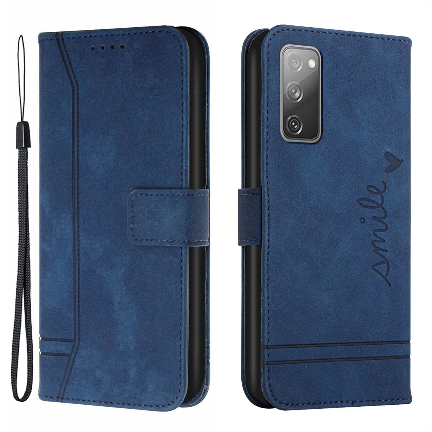 003 Series Imprinted Heart Shape Pattern Skin-touch PU Leather Stand Wallet Flip Cover with Strap for Samsung Galaxy S20 FE 2022/S20 FE/S20 FE 5G/S20 Lite - Blue