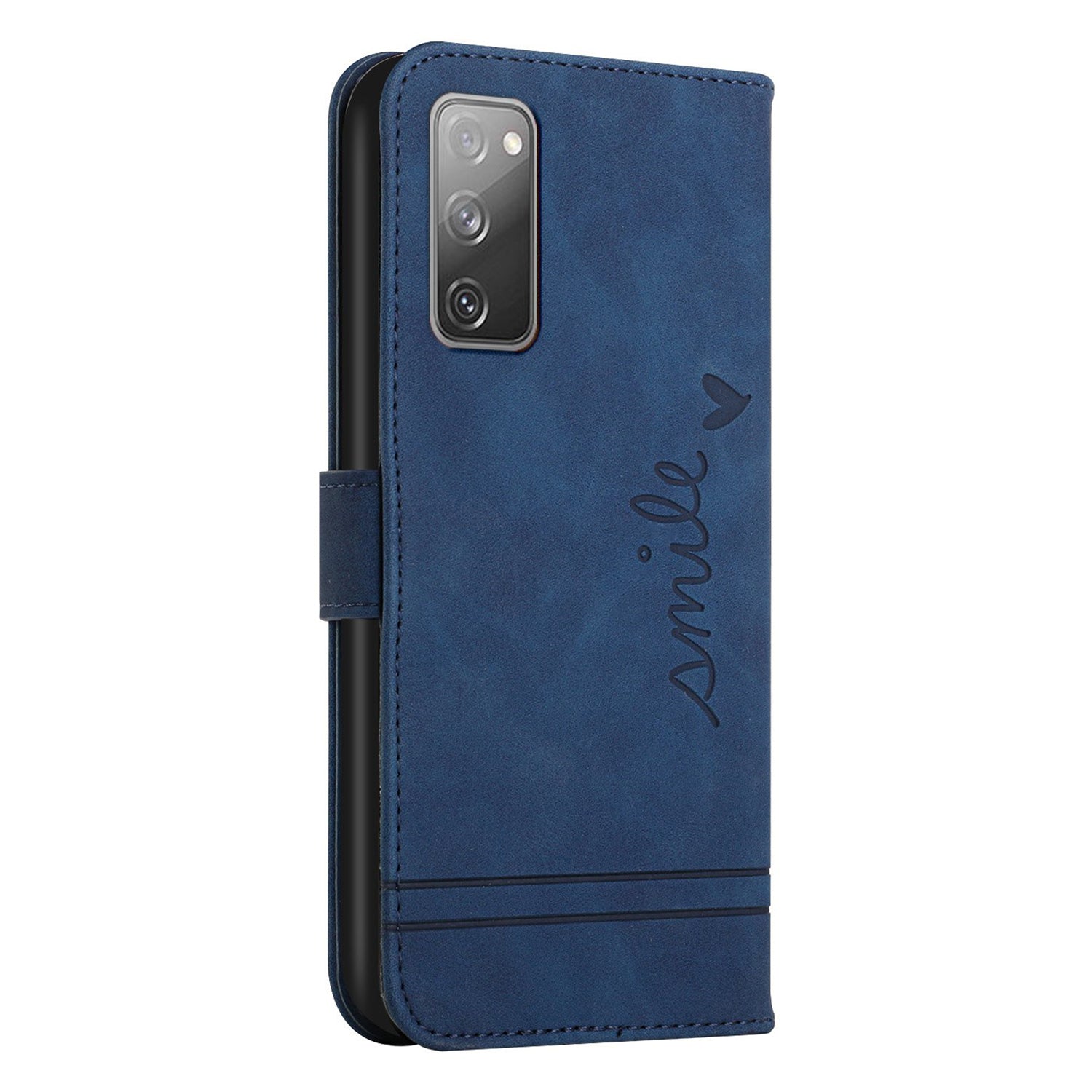 003 Series Imprinted Heart Shape Pattern Skin-touch PU Leather Stand Wallet Flip Cover with Strap for Samsung Galaxy S20 FE 2022/S20 FE/S20 FE 5G/S20 Lite - Blue