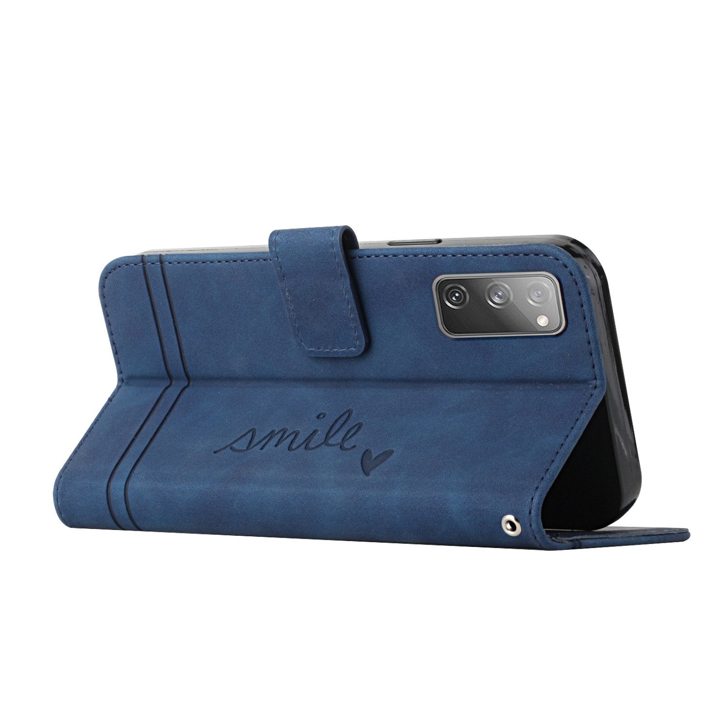 003 Series Imprinted Heart Shape Pattern Skin-touch PU Leather Stand Wallet Flip Cover with Strap for Samsung Galaxy S20 FE 2022/S20 FE/S20 FE 5G/S20 Lite - Blue