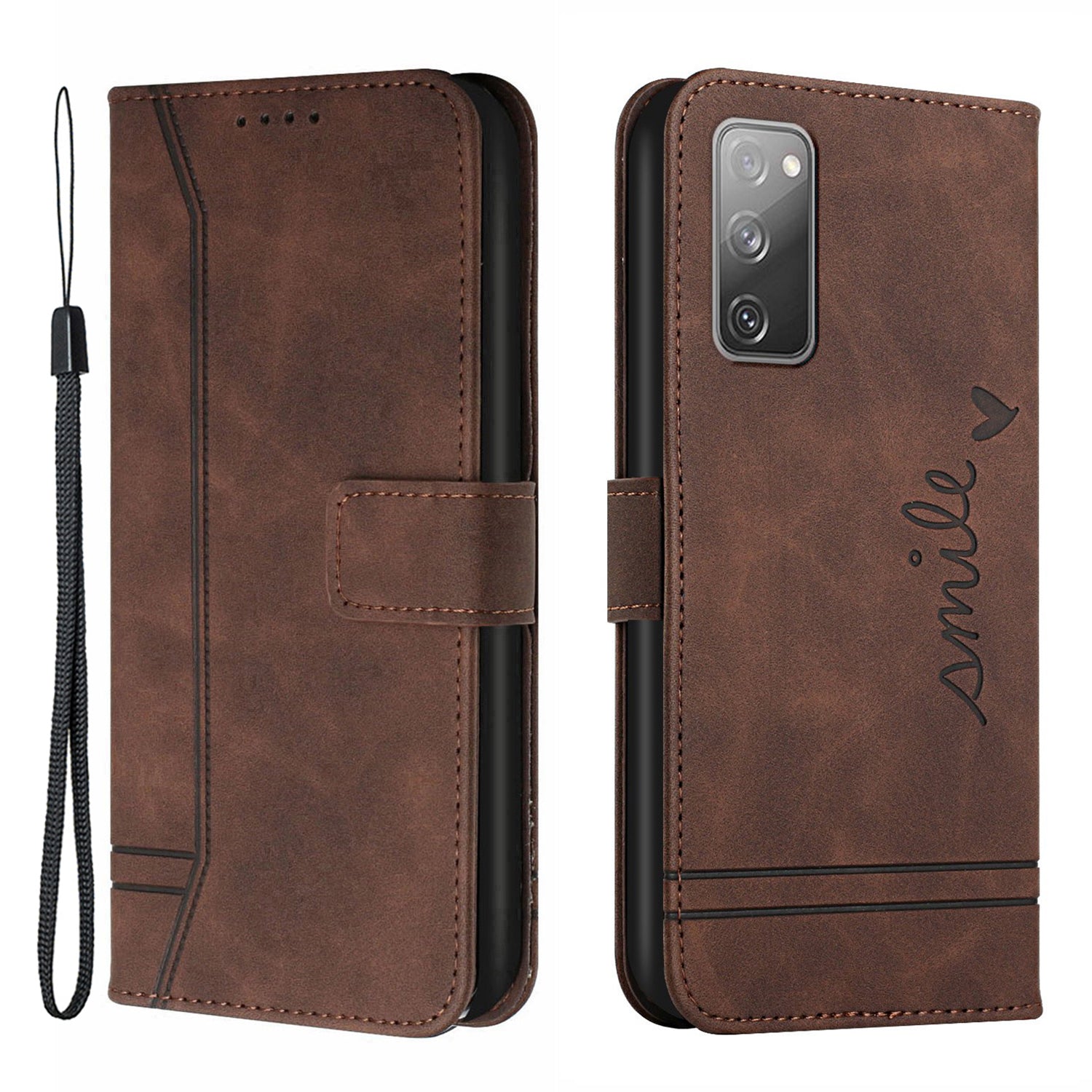 003 Series Imprinted Heart Shape Pattern Skin-touch PU Leather Stand Wallet Flip Cover with Strap for Samsung Galaxy S20 FE 2022/S20 FE/S20 FE 5G/S20 Lite - Brown