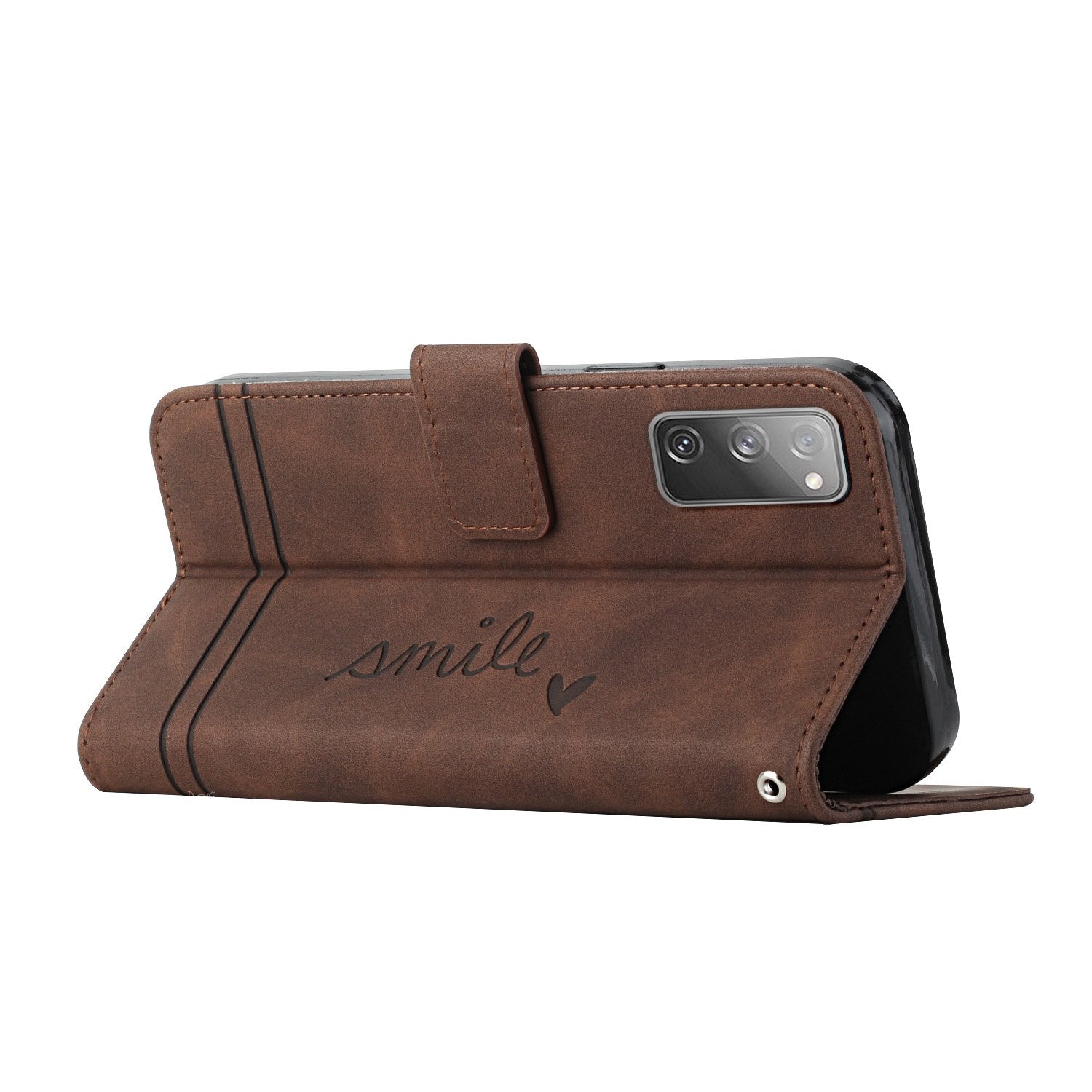 003 Series Imprinted Heart Shape Pattern Skin-touch PU Leather Stand Wallet Flip Cover with Strap for Samsung Galaxy S20 FE 2022/S20 FE/S20 FE 5G/S20 Lite - Brown