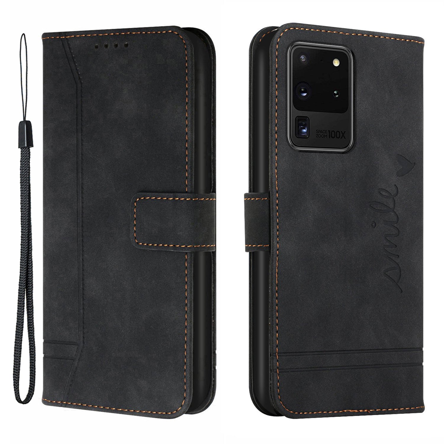 003 Series Imprinting Heart Shape Folio Flip Stand Skin-touch Leather Wallet Protective Case with Strap for Samsung Galaxy S20 Ultra - Black