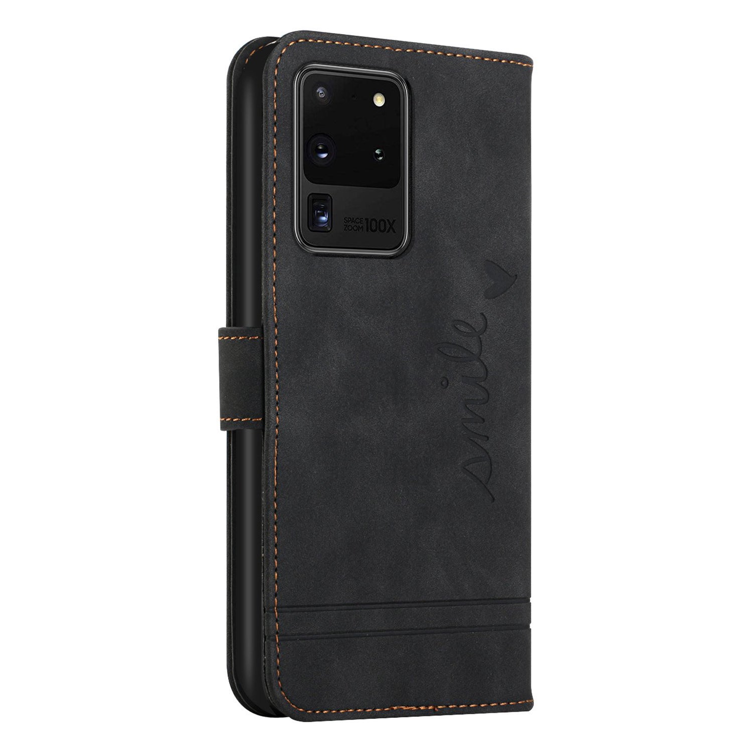 003 Series Imprinting Heart Shape Folio Flip Stand Skin-touch Leather Wallet Protective Case with Strap for Samsung Galaxy S20 Ultra - Black