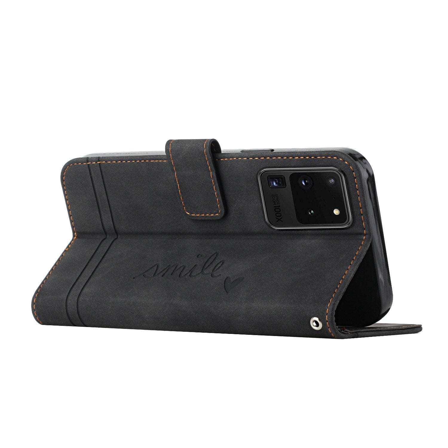 003 Series Imprinting Heart Shape Folio Flip Stand Skin-touch Leather Wallet Protective Case with Strap for Samsung Galaxy S20 Ultra - Black