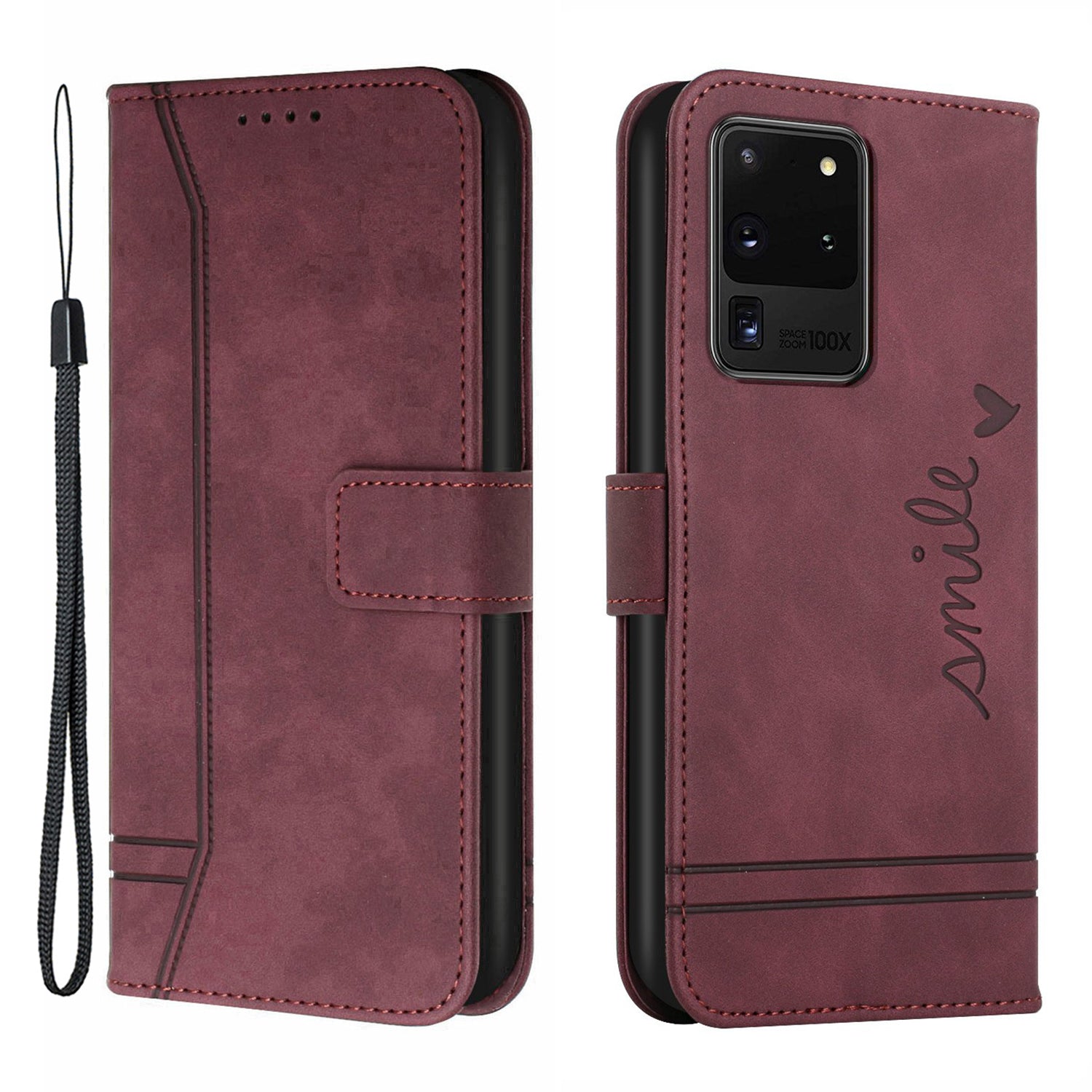 003 Series Imprinting Heart Shape Folio Flip Stand Skin-touch Leather Wallet Protective Case with Strap for Samsung Galaxy S20 Ultra - Wine Red