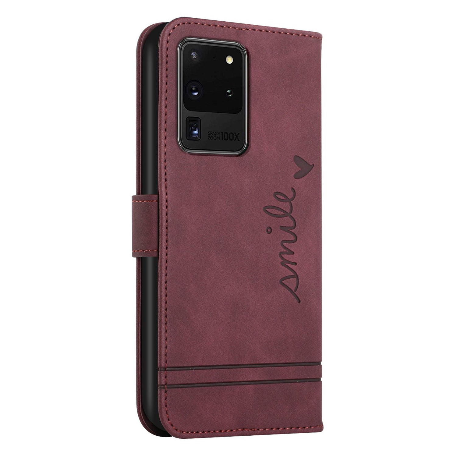 003 Series Imprinting Heart Shape Folio Flip Stand Skin-touch Leather Wallet Protective Case with Strap for Samsung Galaxy S20 Ultra - Wine Red