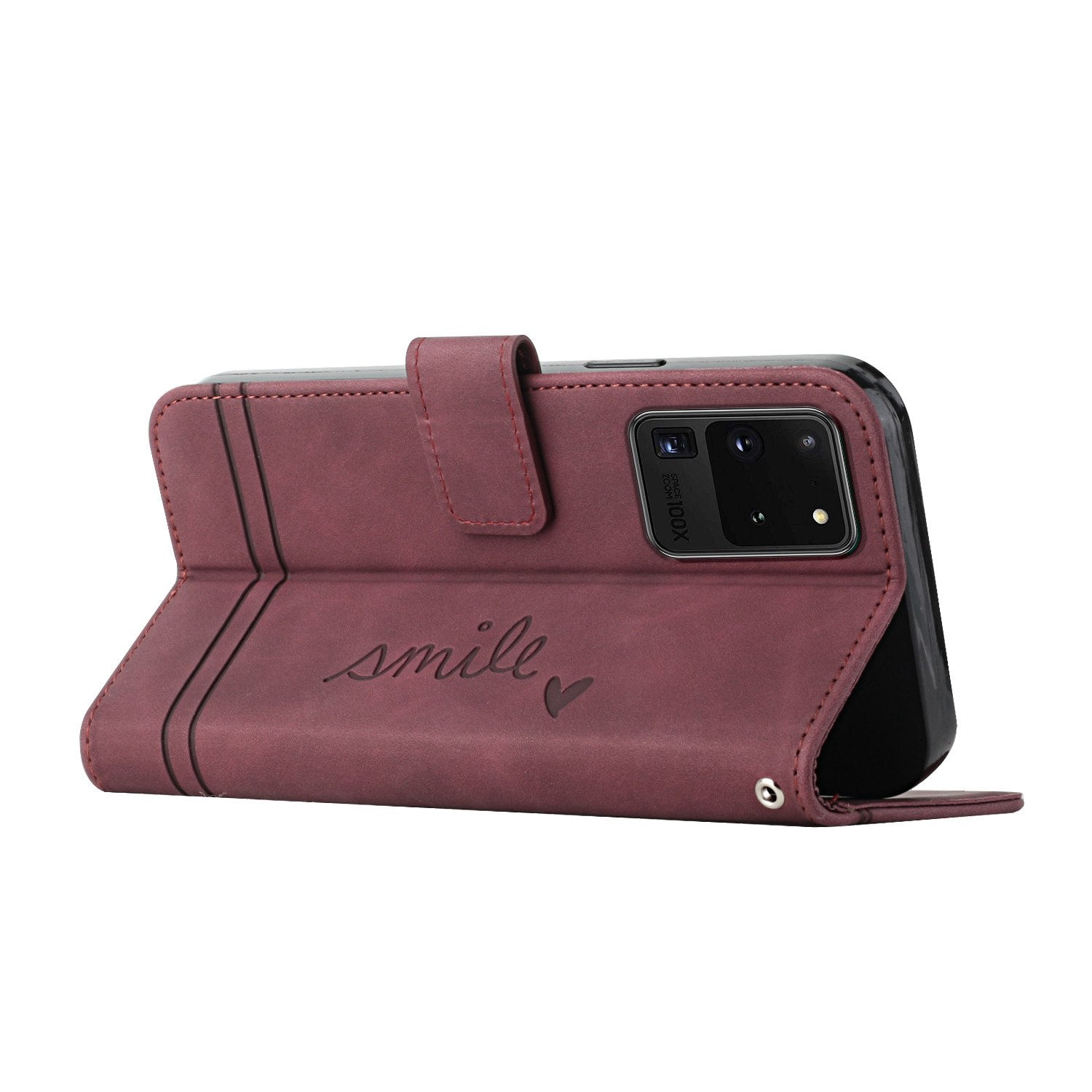 003 Series Imprinting Heart Shape Folio Flip Stand Skin-touch Leather Wallet Protective Case with Strap for Samsung Galaxy S20 Ultra - Wine Red