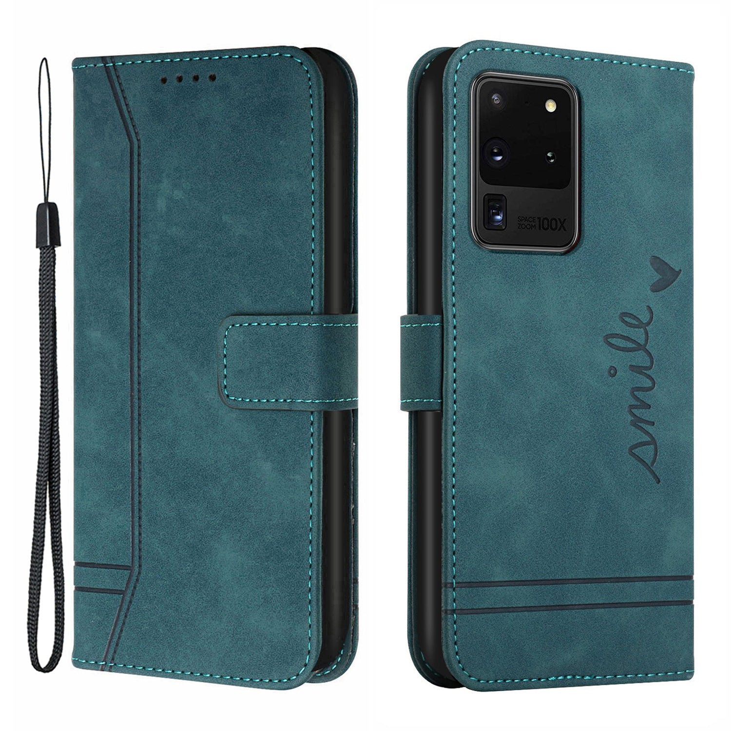 003 Series Imprinting Heart Shape Folio Flip Stand Skin-touch Leather Wallet Protective Case with Strap for Samsung Galaxy S20 Ultra - Green