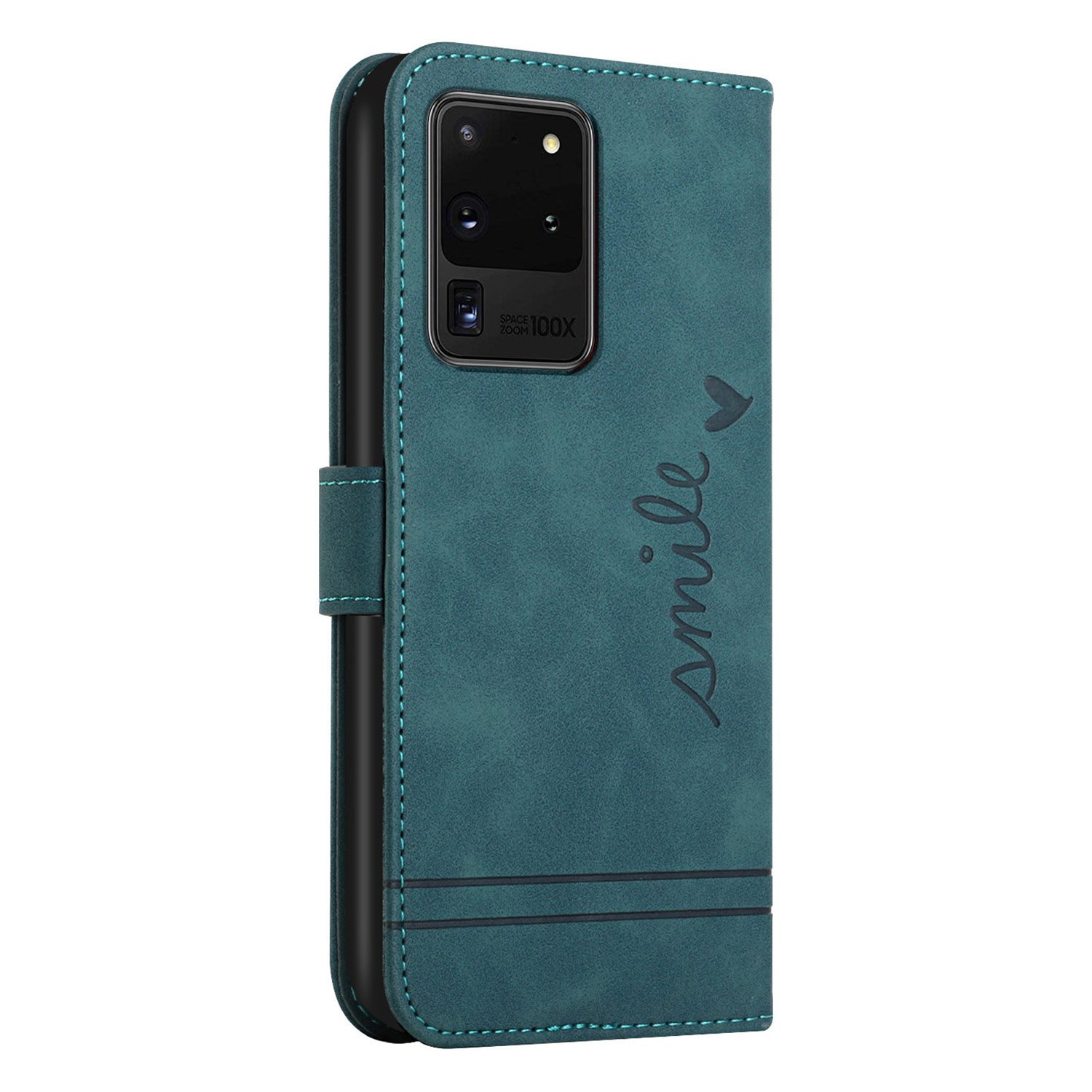 003 Series Imprinting Heart Shape Folio Flip Stand Skin-touch Leather Wallet Protective Case with Strap for Samsung Galaxy S20 Ultra - Green