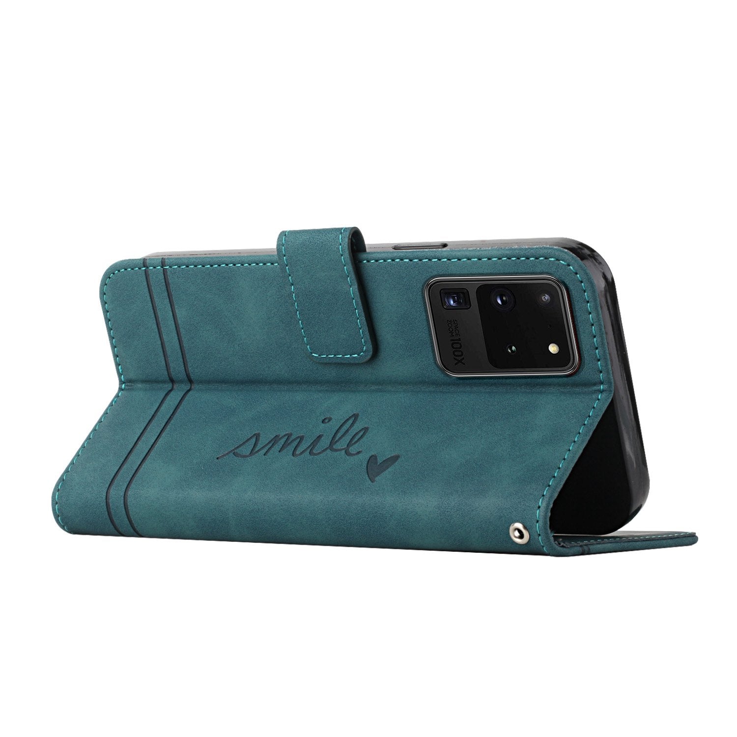 003 Series Imprinting Heart Shape Folio Flip Stand Skin-touch Leather Wallet Protective Case with Strap for Samsung Galaxy S20 Ultra - Green