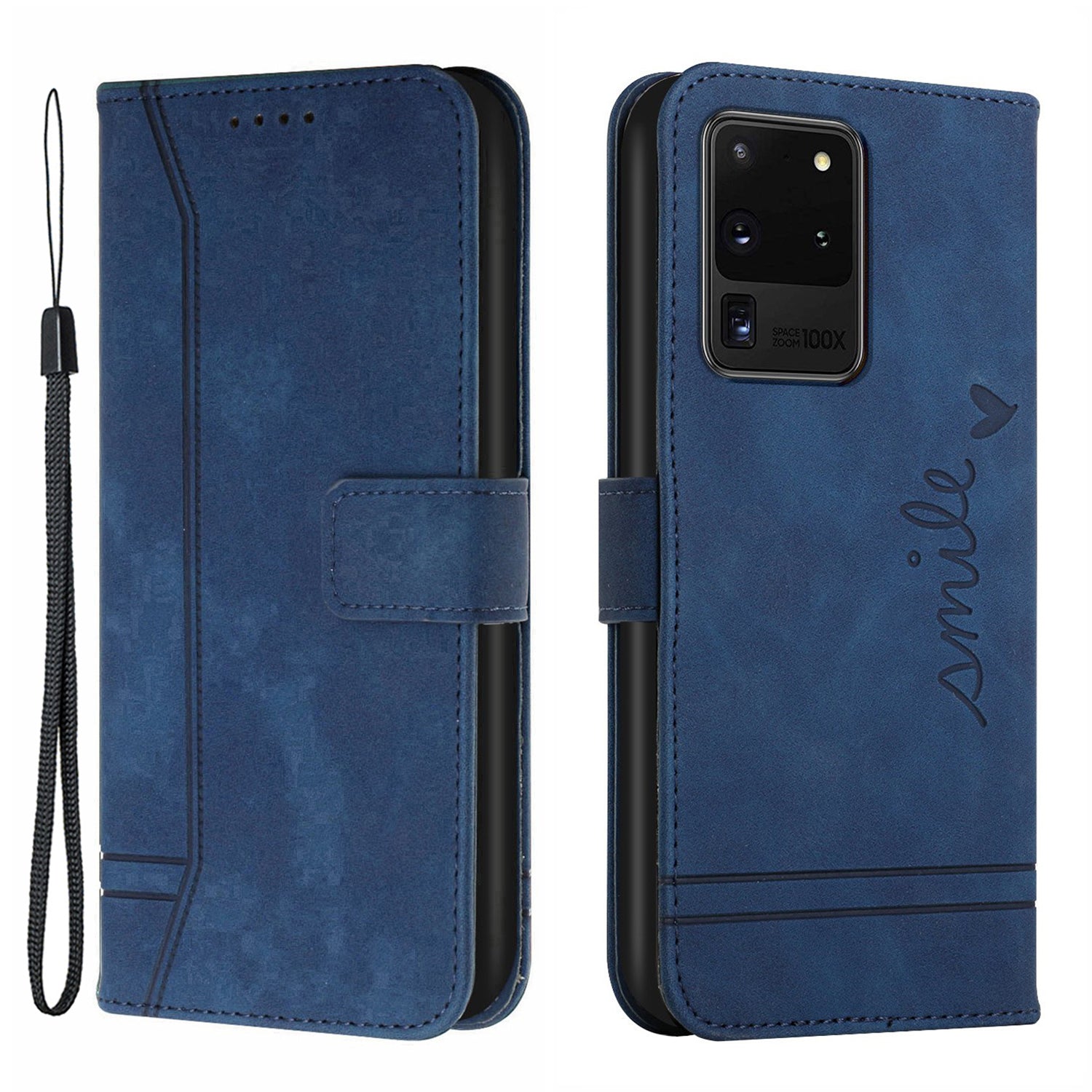 003 Series Imprinting Heart Shape Folio Flip Stand Skin-touch Leather Wallet Protective Case with Strap for Samsung Galaxy S20 Ultra - Blue