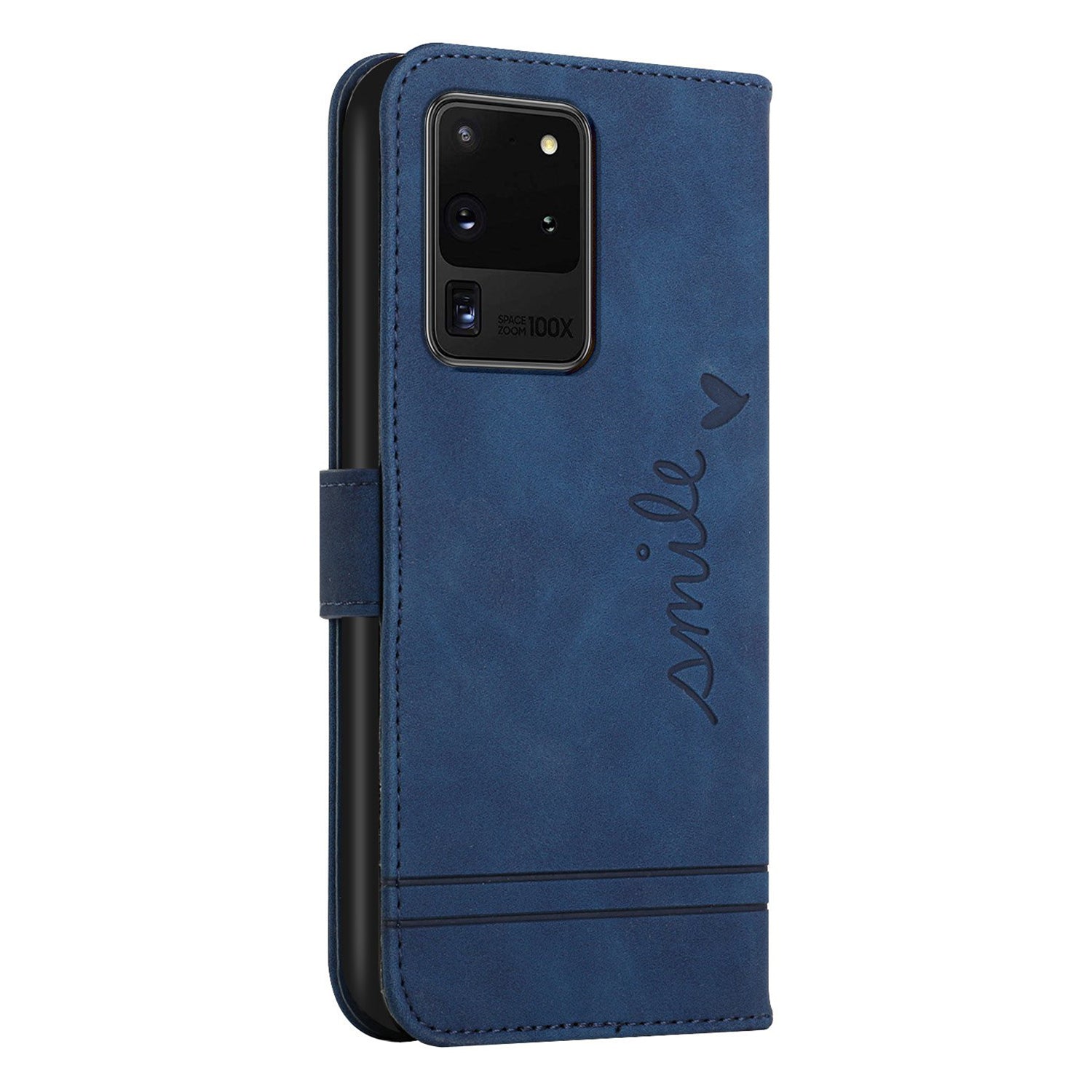 003 Series Imprinting Heart Shape Folio Flip Stand Skin-touch Leather Wallet Protective Case with Strap for Samsung Galaxy S20 Ultra - Blue