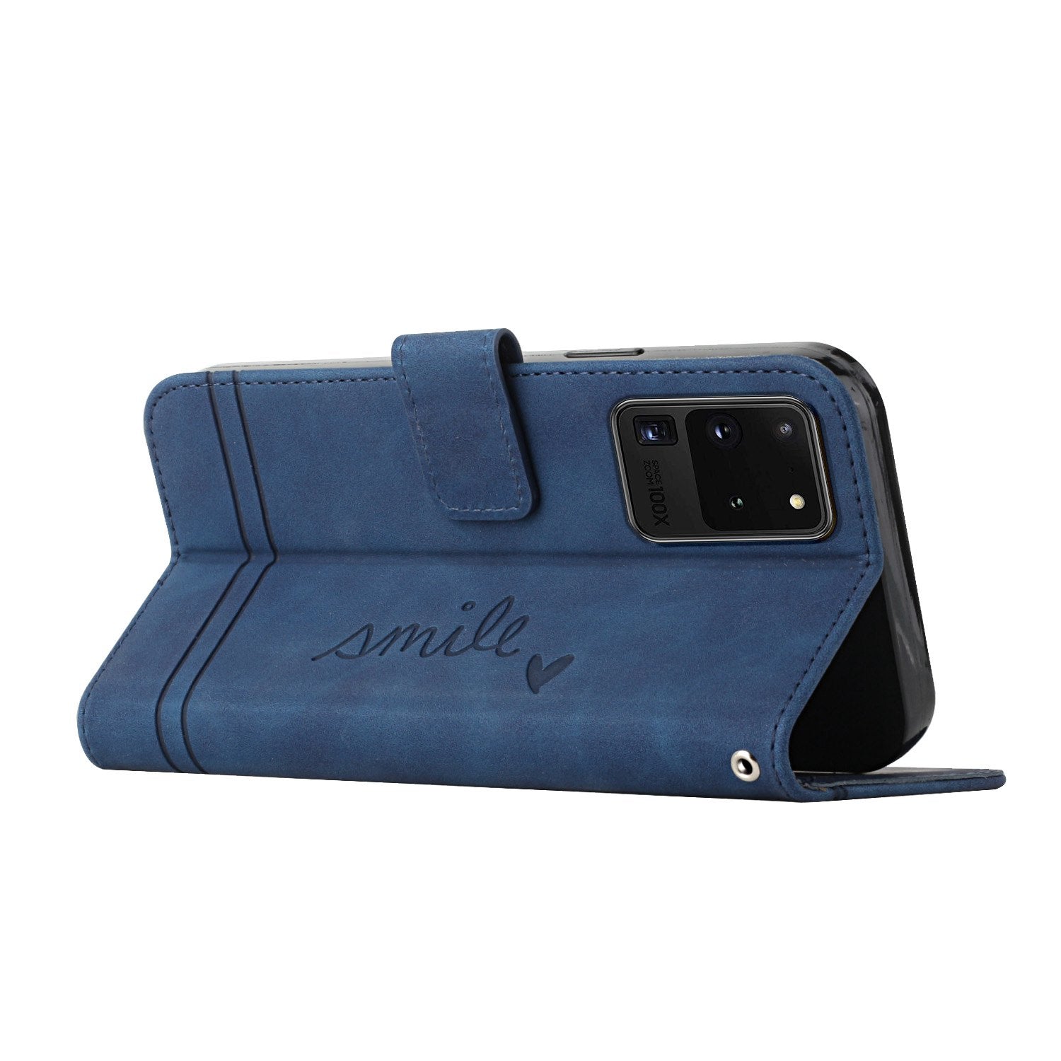 003 Series Imprinting Heart Shape Folio Flip Stand Skin-touch Leather Wallet Protective Case with Strap for Samsung Galaxy S20 Ultra - Blue