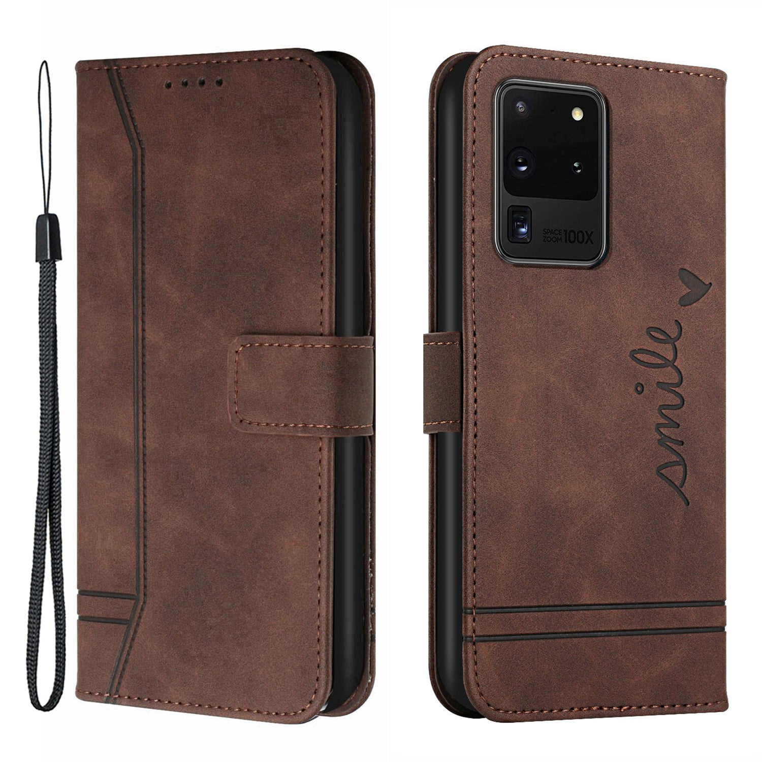 003 Series Imprinting Heart Shape Folio Flip Stand Skin-touch Leather Wallet Protective Case with Strap for Samsung Galaxy S20 Ultra - Brown