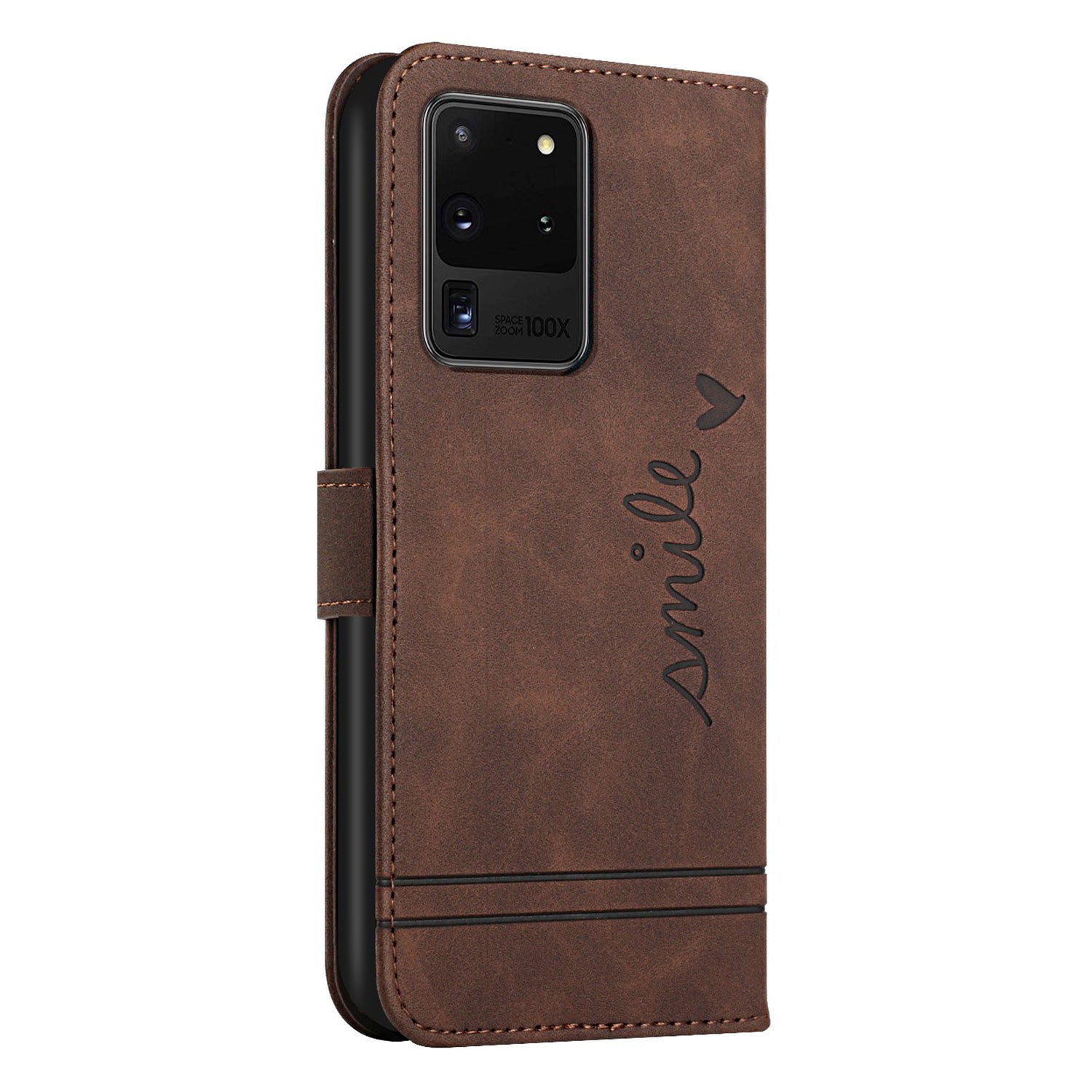 003 Series Imprinting Heart Shape Folio Flip Stand Skin-touch Leather Wallet Protective Case with Strap for Samsung Galaxy S20 Ultra - Brown