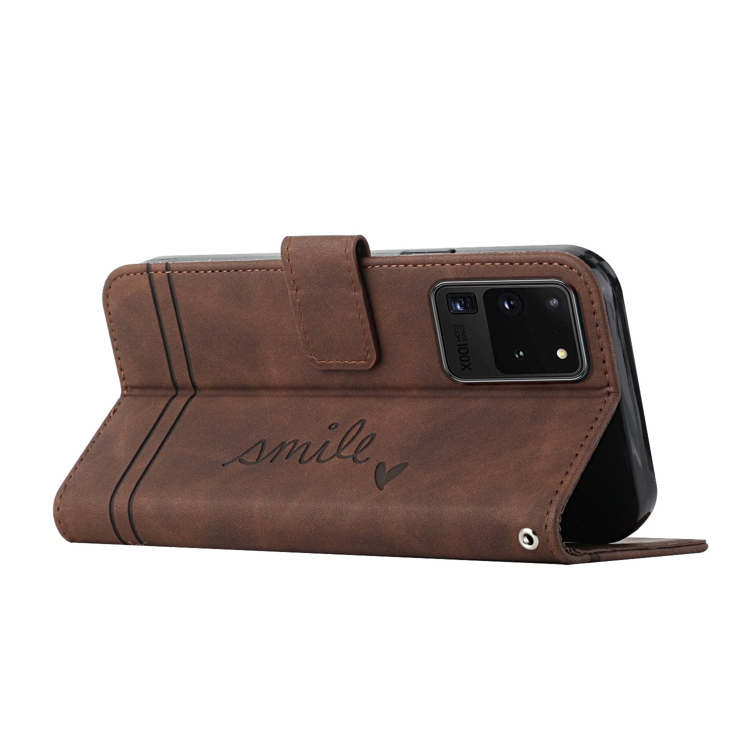 003 Series Imprinting Heart Shape Folio Flip Stand Skin-touch Leather Wallet Protective Case with Strap for Samsung Galaxy S20 Ultra - Brown