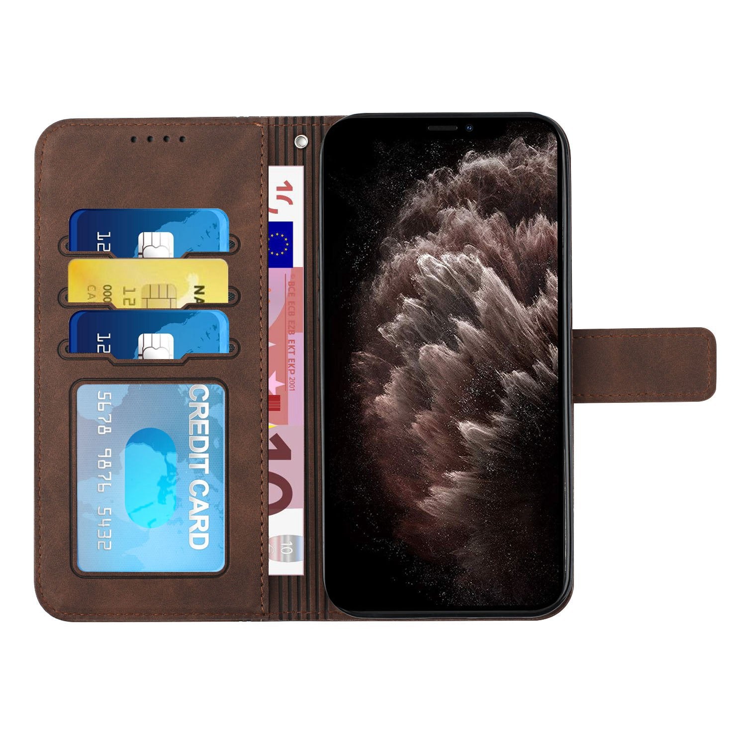 003 Series Imprinting Heart Shape Folio Flip Stand Skin-touch Leather Wallet Protective Case with Strap for Samsung Galaxy S20 Ultra - Brown