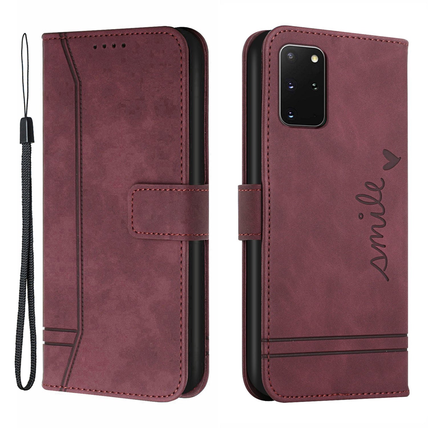 003 Series Heart Shape Imprinted Skin-touch Leather Wallet Stand Magnetic Flip Phone Cover with Strap for Samsung Galaxy S20 Plus 4G / 5G - Wine Red