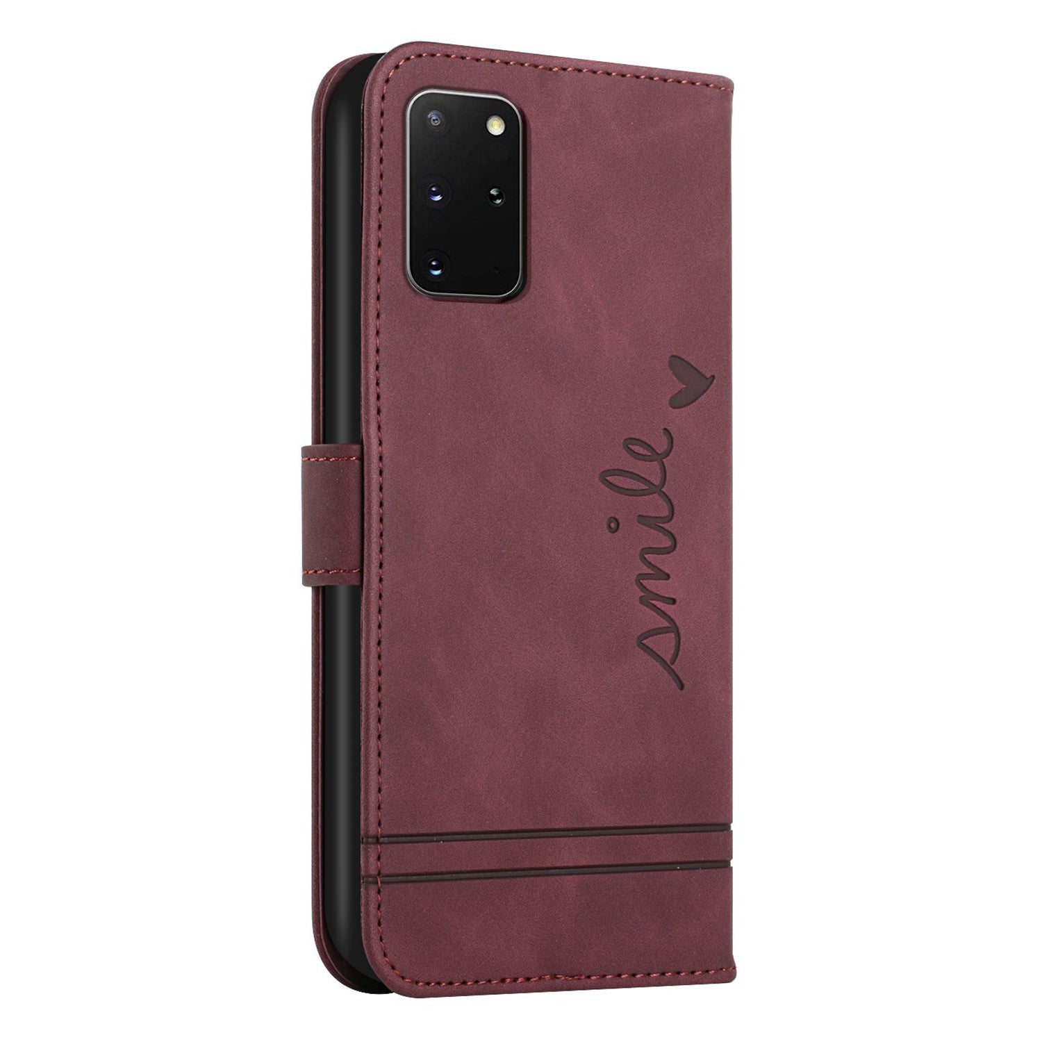 003 Series Heart Shape Imprinted Skin-touch Leather Wallet Stand Magnetic Flip Phone Cover with Strap for Samsung Galaxy S20 Plus 4G / 5G - Wine Red