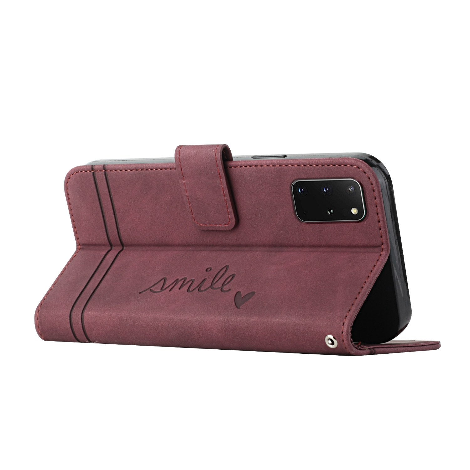 003 Series Heart Shape Imprinted Skin-touch Leather Wallet Stand Magnetic Flip Phone Cover with Strap for Samsung Galaxy S20 Plus 4G / 5G - Wine Red