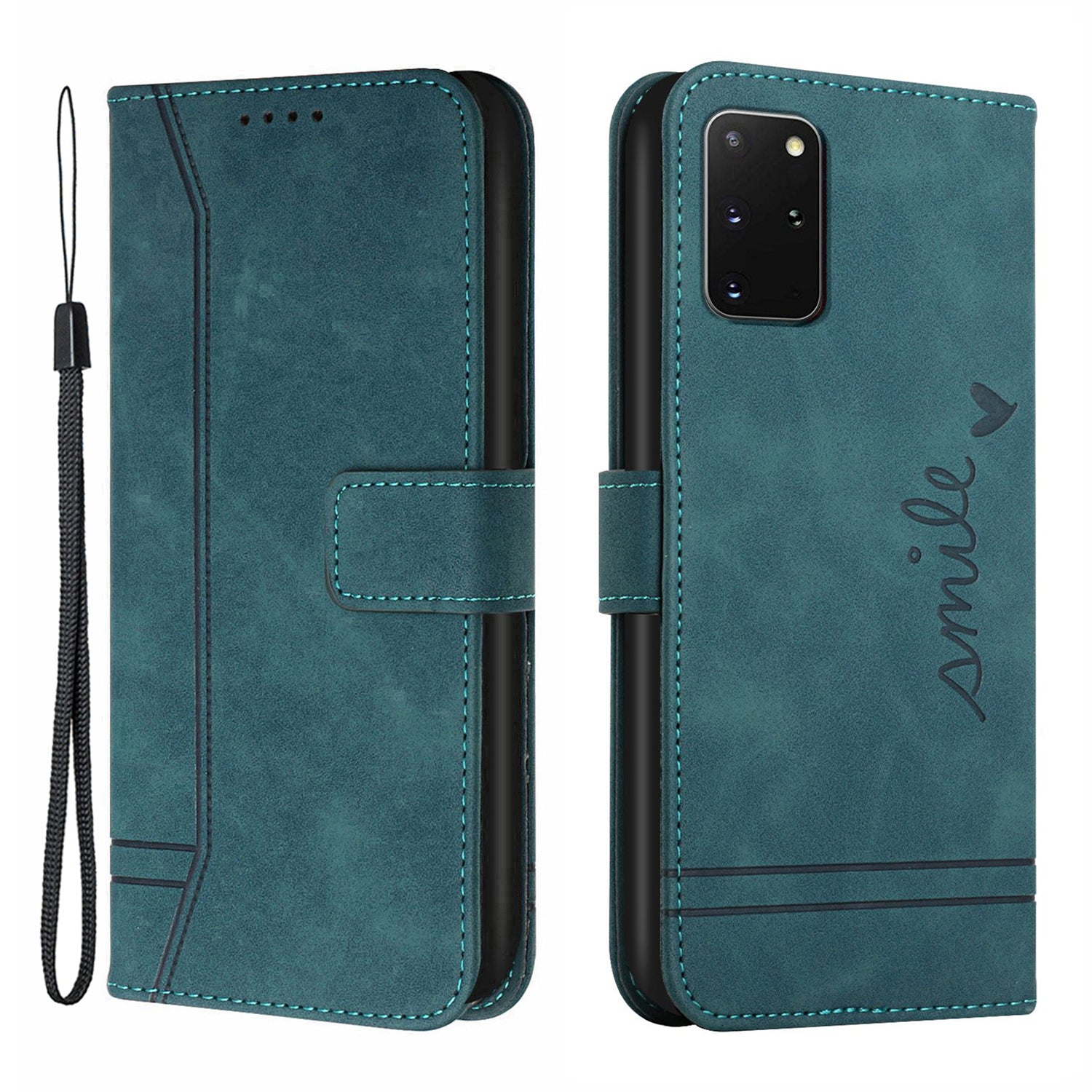 003 Series Heart Shape Imprinted Skin-touch Leather Wallet Stand Magnetic Flip Phone Cover with Strap for Samsung Galaxy S20 Plus 4G / 5G - Green