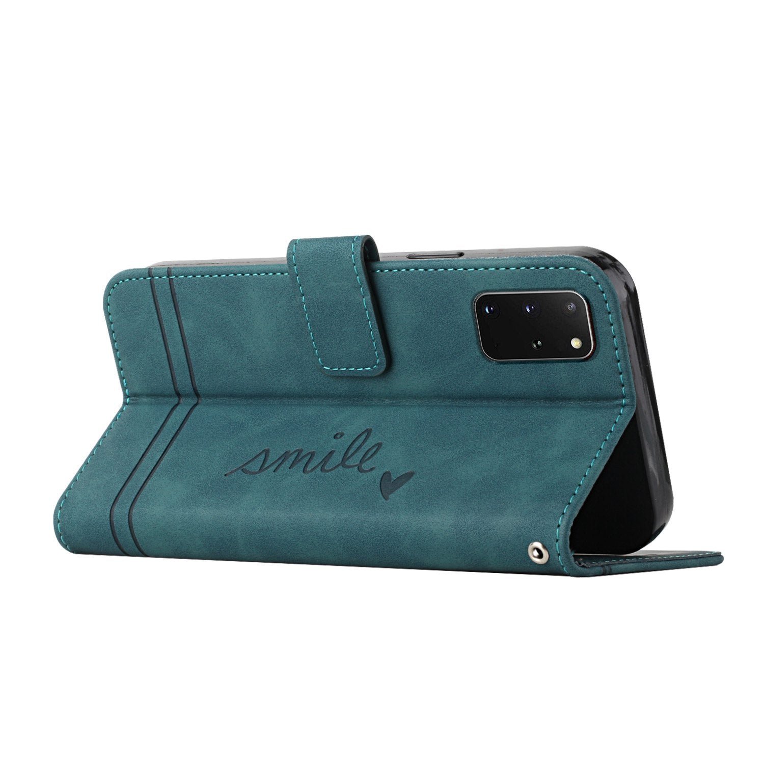 003 Series Heart Shape Imprinted Skin-touch Leather Wallet Stand Magnetic Flip Phone Cover with Strap for Samsung Galaxy S20 Plus 4G / 5G - Green