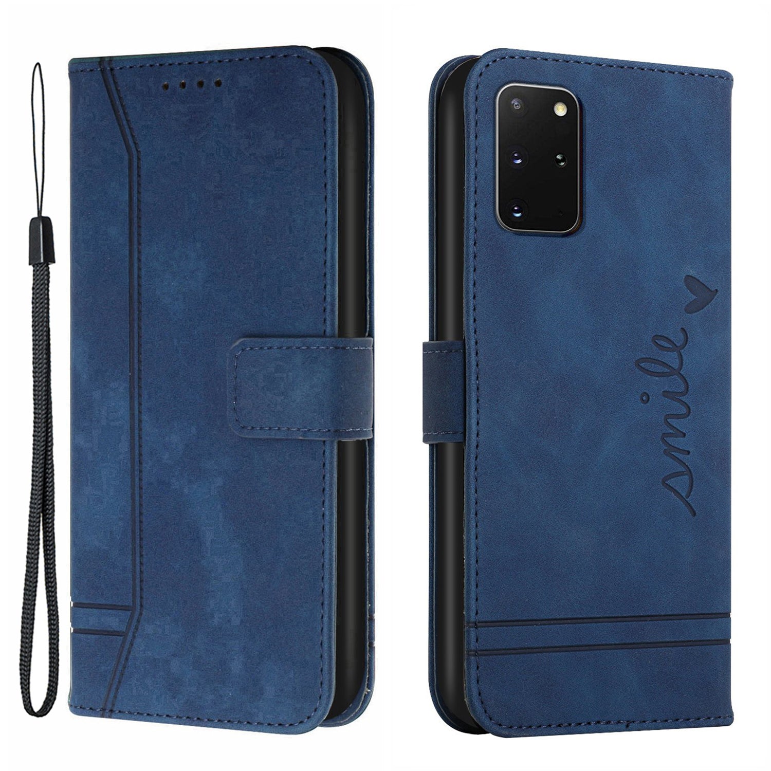 003 Series Heart Shape Imprinted Skin-touch Leather Wallet Stand Magnetic Flip Phone Cover with Strap for Samsung Galaxy S20 Plus 4G / 5G - Blue