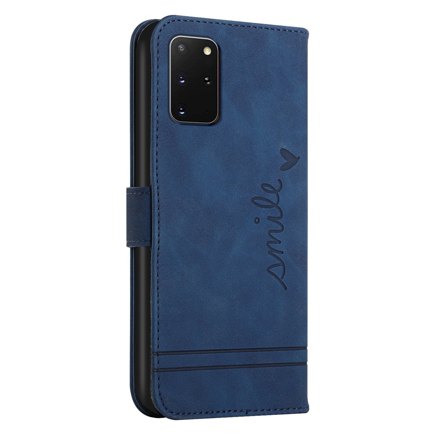 003 Series Heart Shape Imprinted Skin-touch Leather Wallet Stand Magnetic Flip Phone Cover with Strap for Samsung Galaxy S20 Plus 4G / 5G - Blue