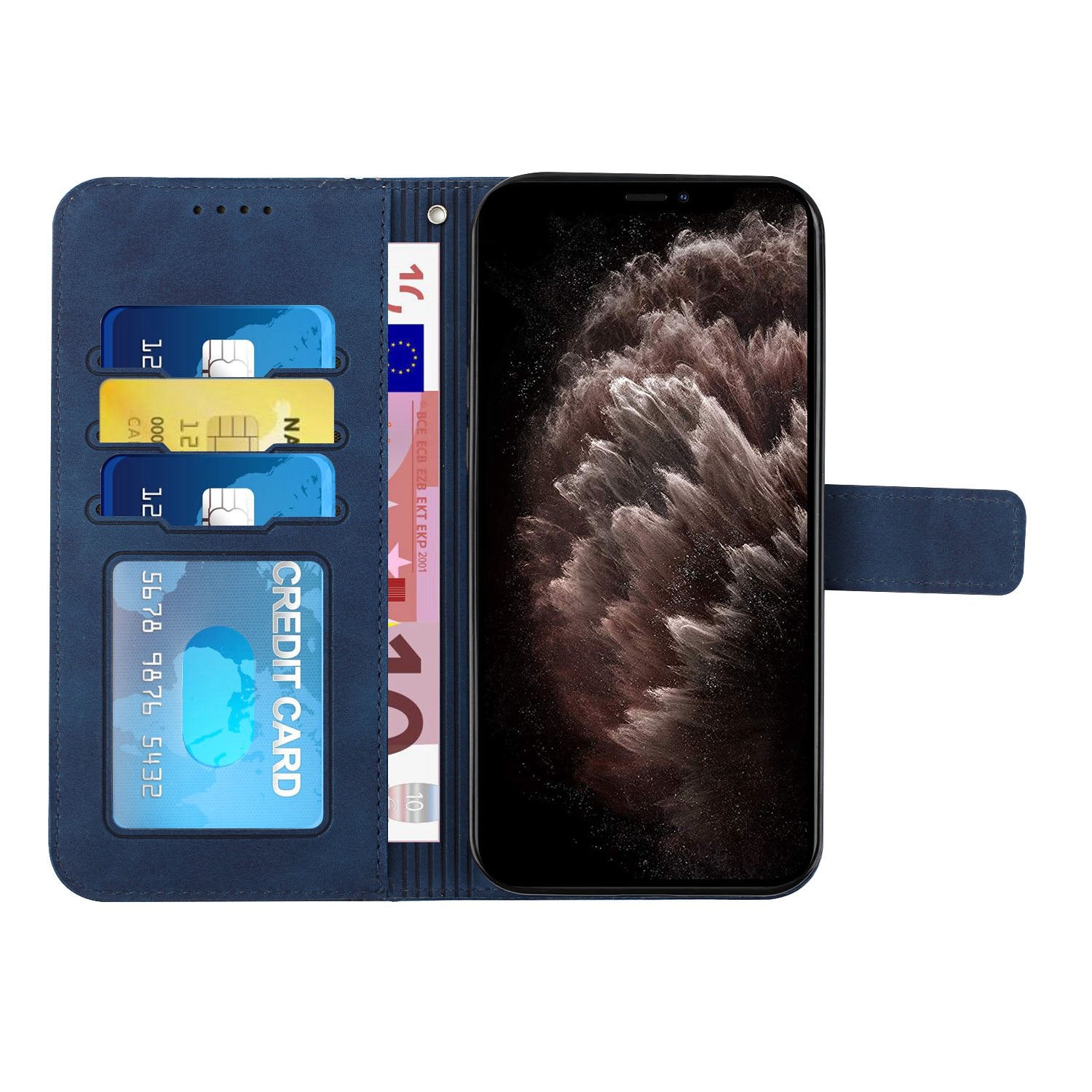 003 Series Heart Shape Imprinted Skin-touch Leather Wallet Stand Magnetic Flip Phone Cover with Strap for Samsung Galaxy S20 Plus 4G / 5G - Blue