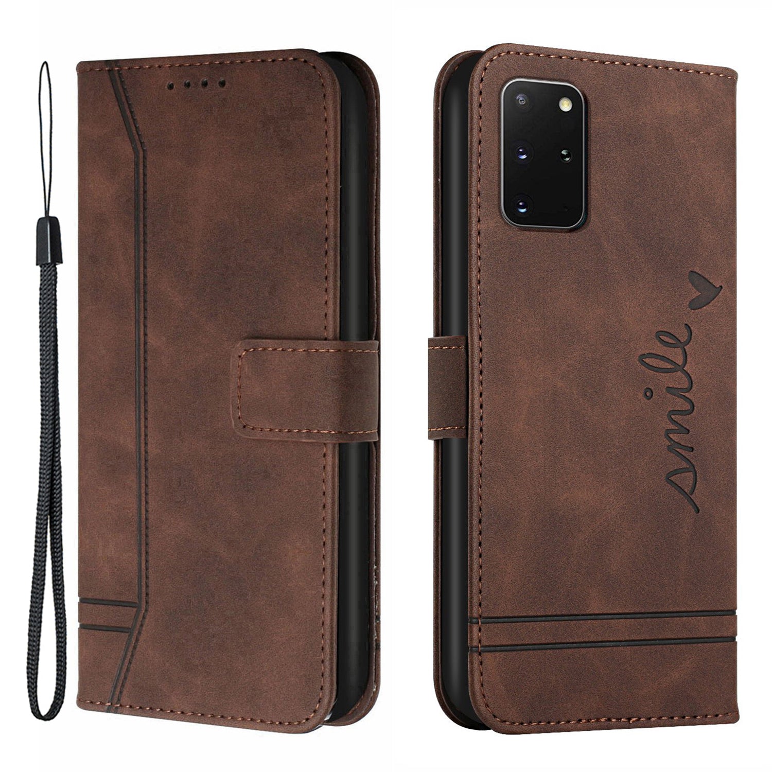 003 Series Heart Shape Imprinted Skin-touch Leather Wallet Stand Magnetic Flip Phone Cover with Strap for Samsung Galaxy S20 Plus 4G / 5G - Brown