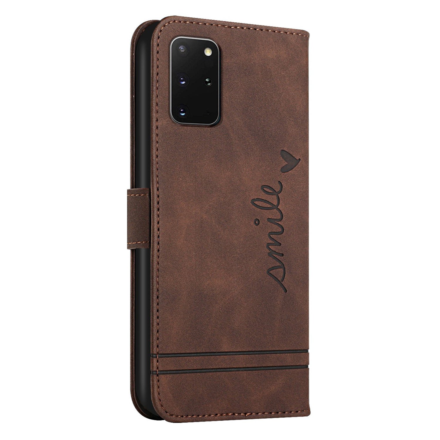 003 Series Heart Shape Imprinted Skin-touch Leather Wallet Stand Magnetic Flip Phone Cover with Strap for Samsung Galaxy S20 Plus 4G / 5G - Brown