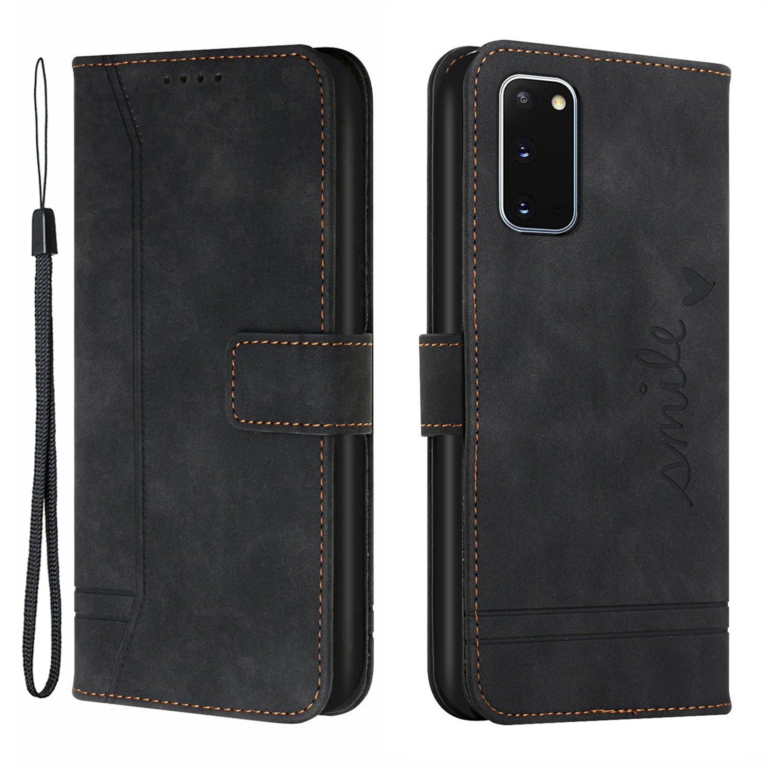 003 Series Heart Shape Imprinted Skin-touch PU Leather Wallet Stand Flip Protective Case with Strap for Samsung Galaxy S20 4G/S20 5G - Black