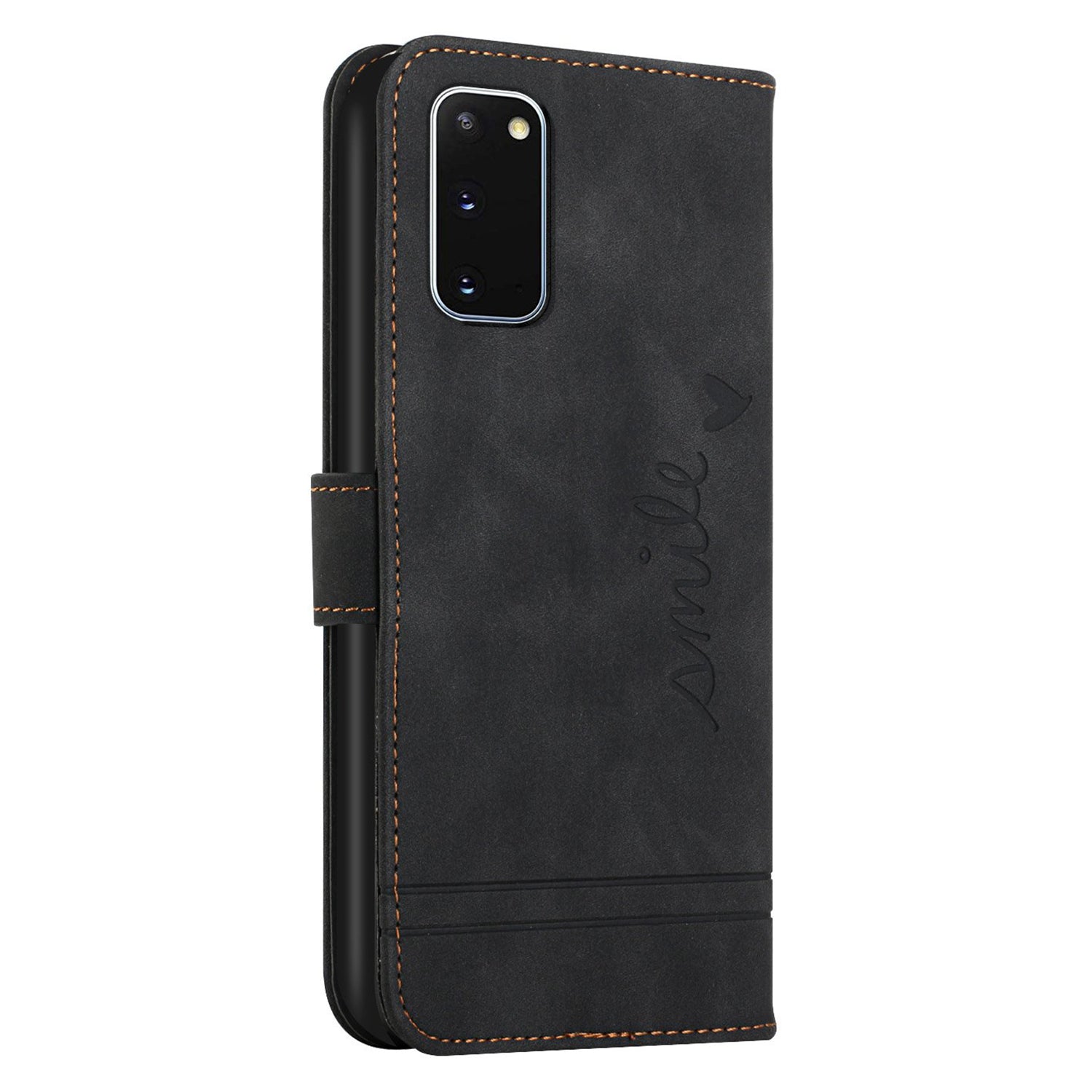 003 Series Heart Shape Imprinted Skin-touch PU Leather Wallet Stand Flip Protective Case with Strap for Samsung Galaxy S20 4G/S20 5G - Black