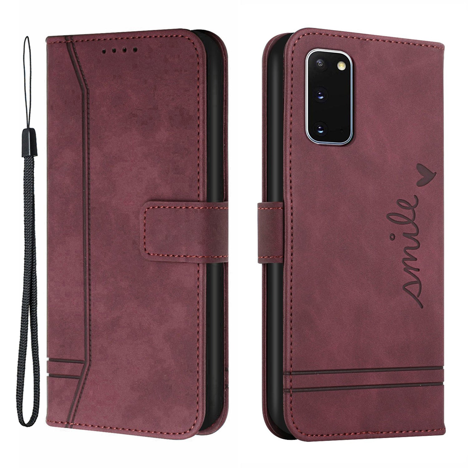 003 Series Heart Shape Imprinted Skin-touch PU Leather Wallet Stand Flip Protective Case with Strap for Samsung Galaxy S20 4G/S20 5G - Wine Red