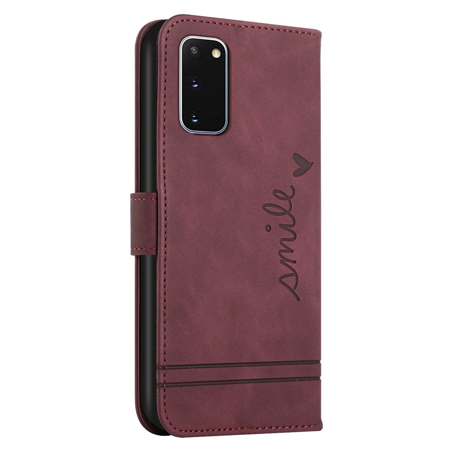 003 Series Heart Shape Imprinted Skin-touch PU Leather Wallet Stand Flip Protective Case with Strap for Samsung Galaxy S20 4G/S20 5G - Wine Red