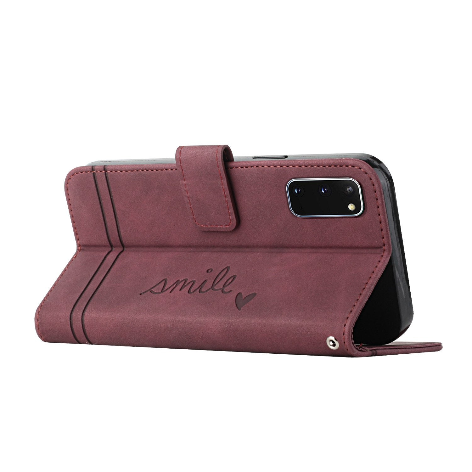 003 Series Heart Shape Imprinted Skin-touch PU Leather Wallet Stand Flip Protective Case with Strap for Samsung Galaxy S20 4G/S20 5G - Wine Red