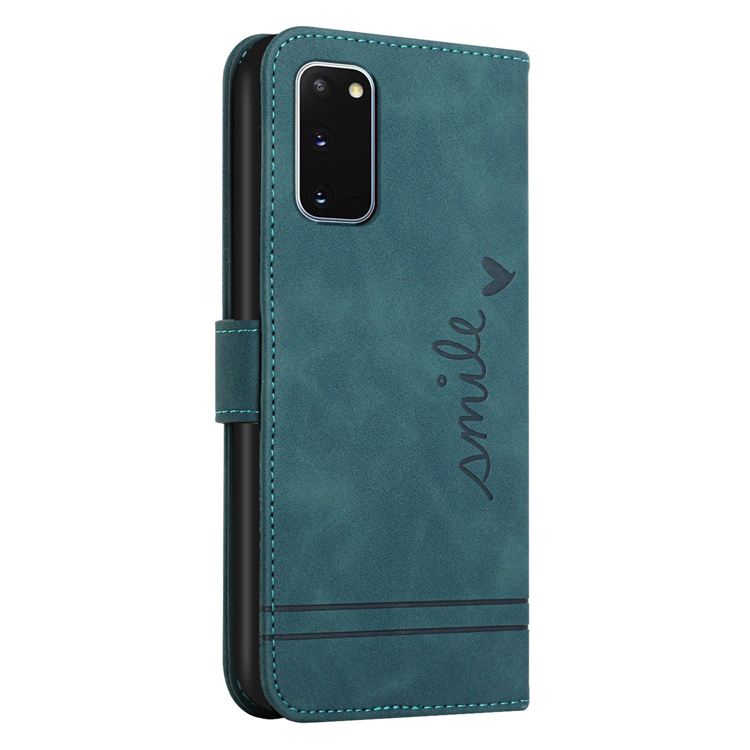 003 Series Heart Shape Imprinted Skin-touch PU Leather Wallet Stand Flip Protective Case with Strap for Samsung Galaxy S20 4G/S20 5G - Green