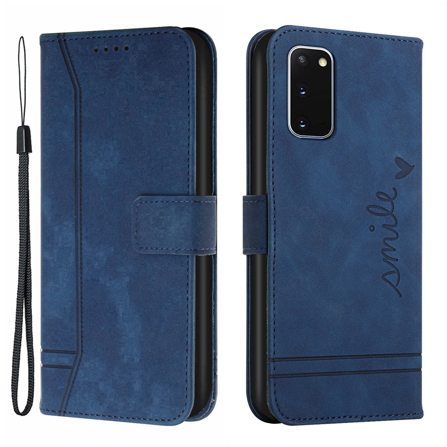 003 Series Heart Shape Imprinted Skin-touch PU Leather Wallet Stand Flip Protective Case with Strap for Samsung Galaxy S20 4G/S20 5G - Blue