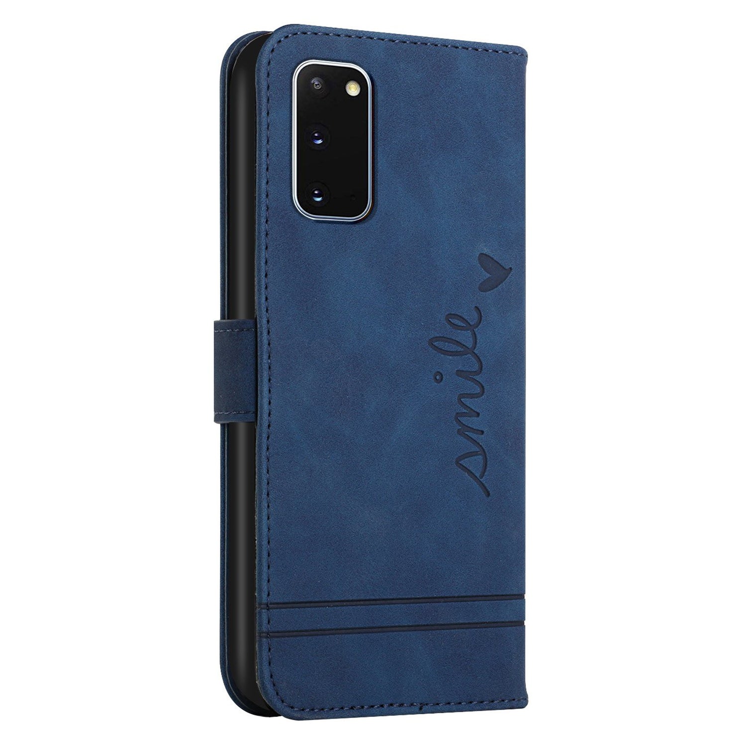 003 Series Heart Shape Imprinted Skin-touch PU Leather Wallet Stand Flip Protective Case with Strap for Samsung Galaxy S20 4G/S20 5G - Blue