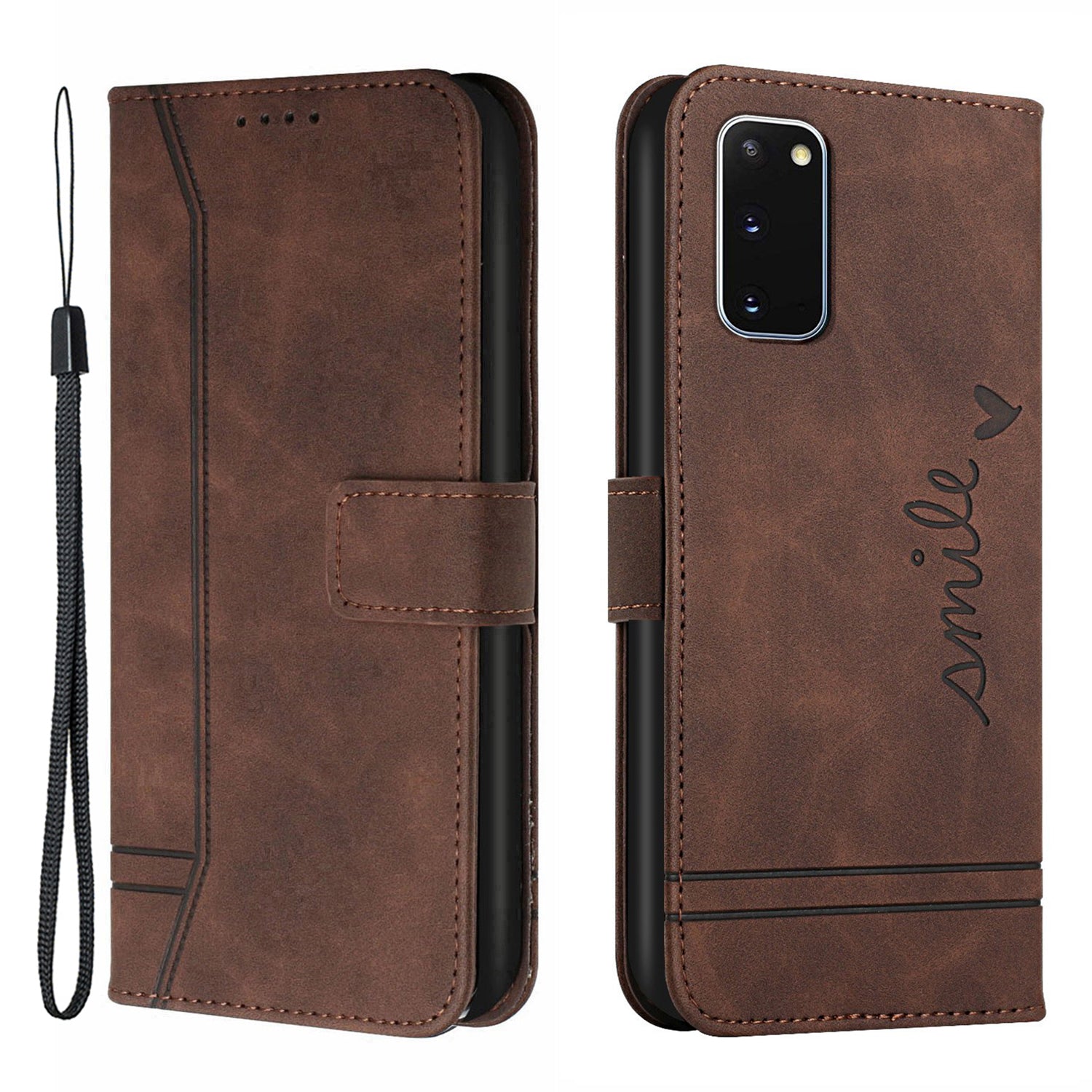 003 Series Heart Shape Imprinted Skin-touch PU Leather Wallet Stand Flip Protective Case with Strap for Samsung Galaxy S20 4G/S20 5G - Brown