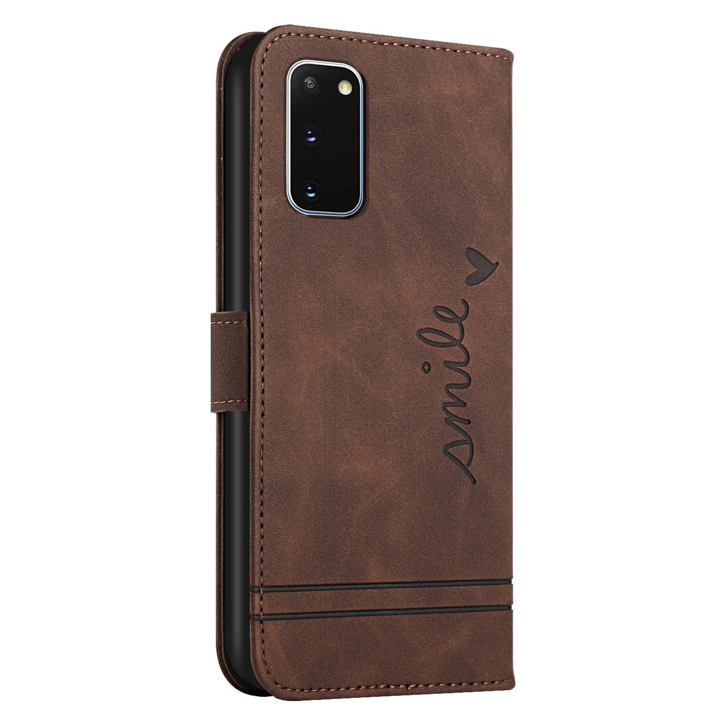 003 Series Heart Shape Imprinted Skin-touch PU Leather Wallet Stand Flip Protective Case with Strap for Samsung Galaxy S20 4G/S20 5G - Brown